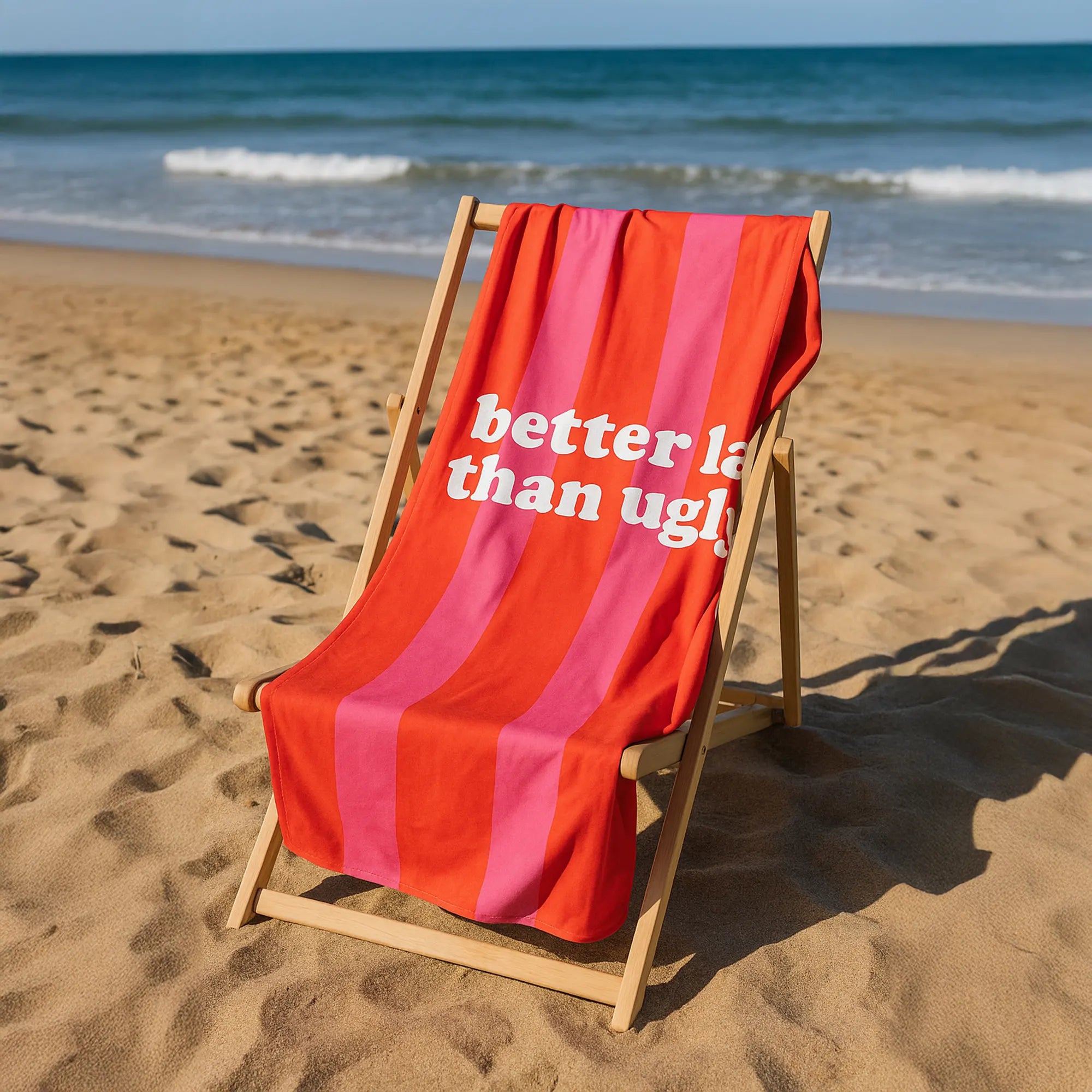 Toalla playa "better late than ugly" rosa y rojo