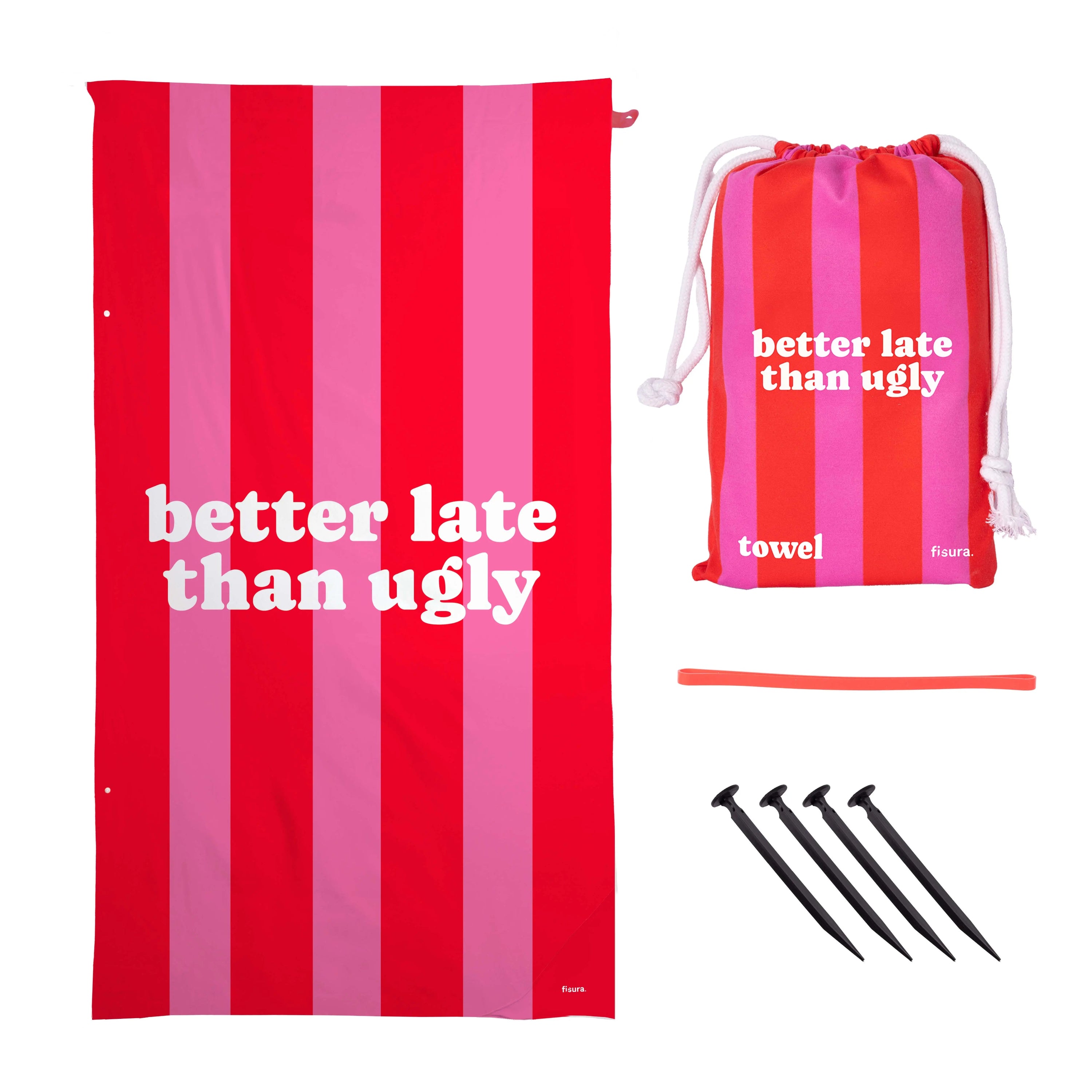 Toalla playa "better late than ugly" rosa y rojo