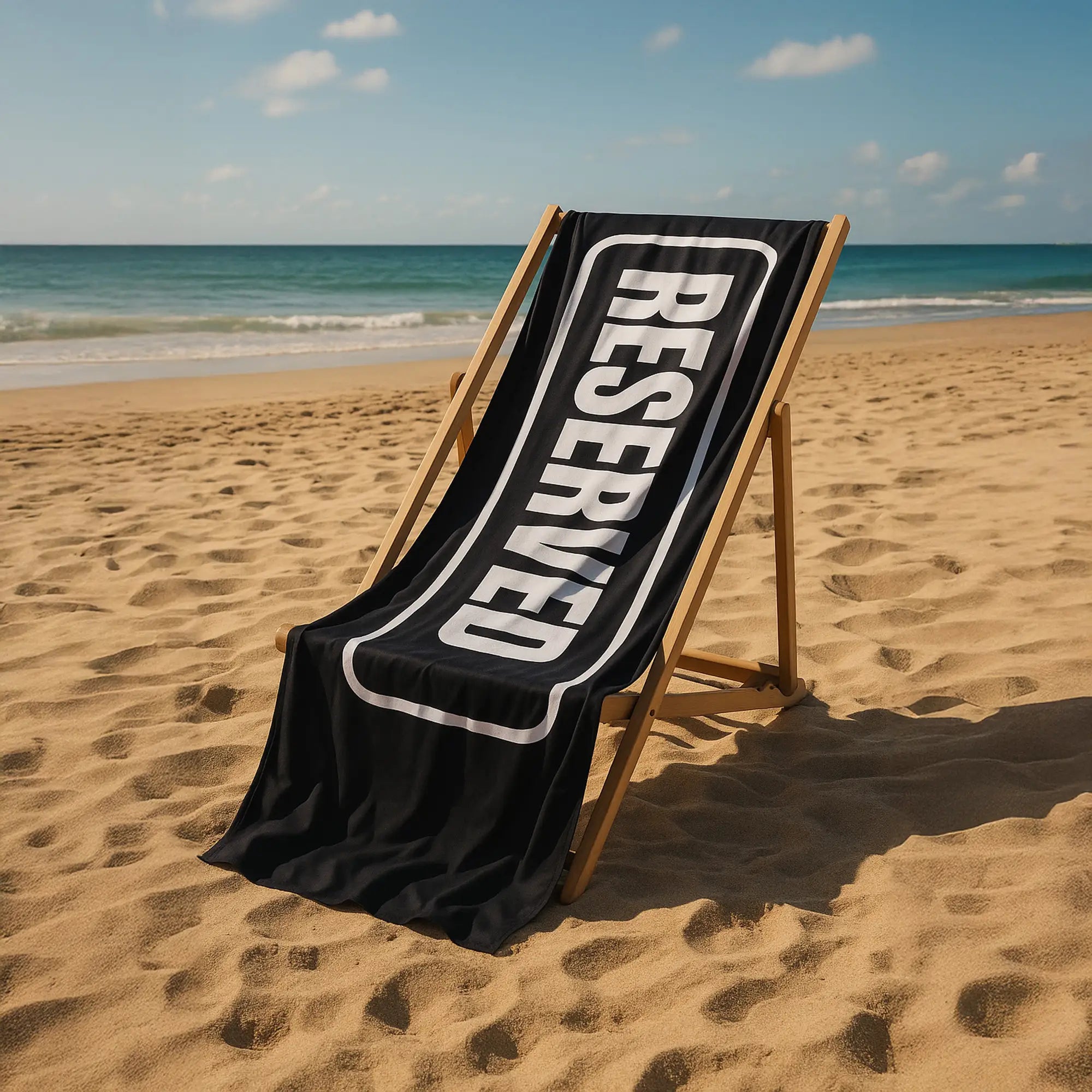 Toalla playa "reserved" negro y blanco