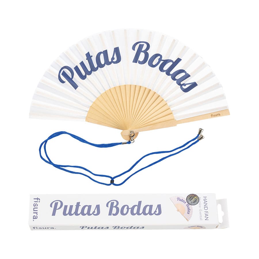 Abanico "Putas bodas" blanco y azul