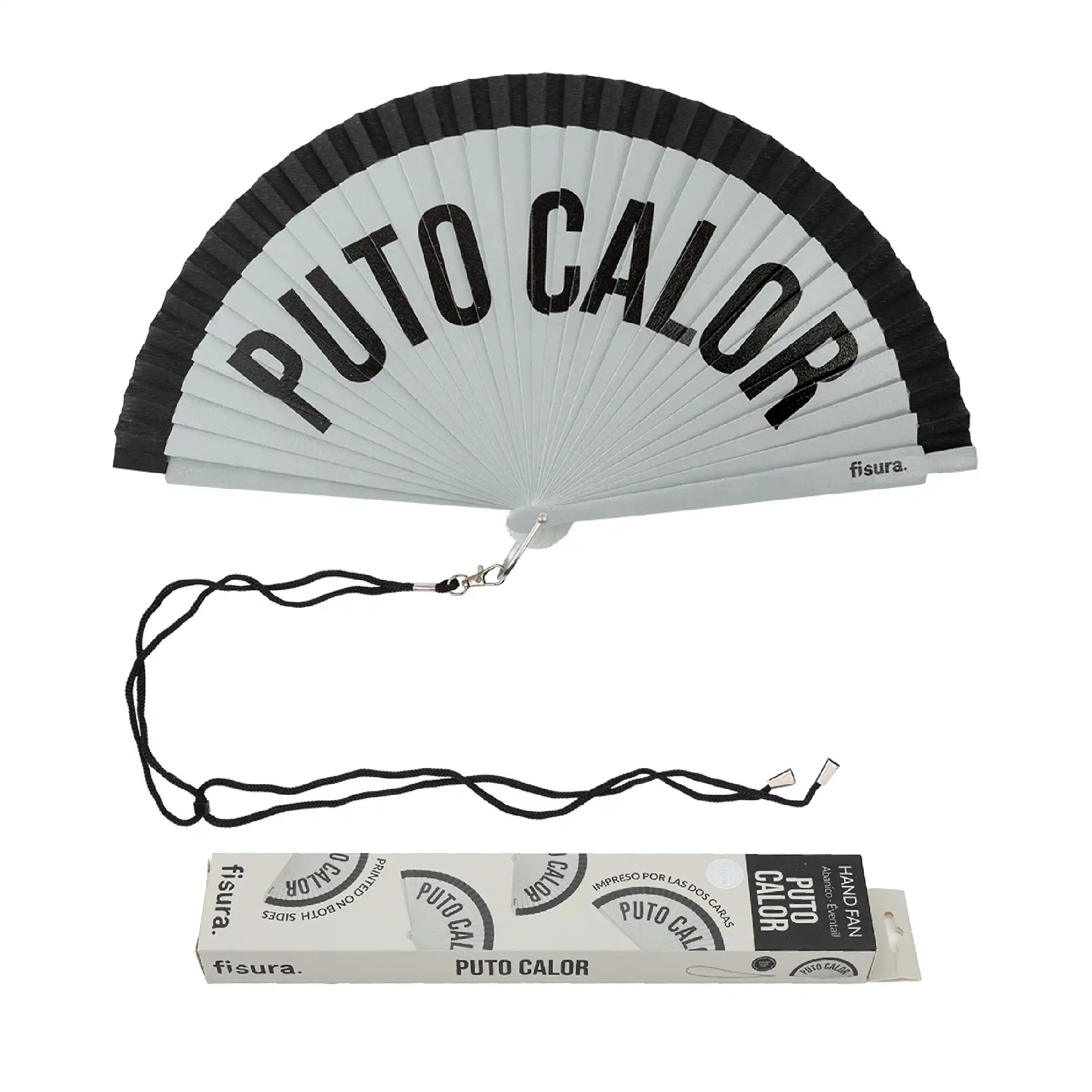 Abanico pintado "Puto calor" gris y negro