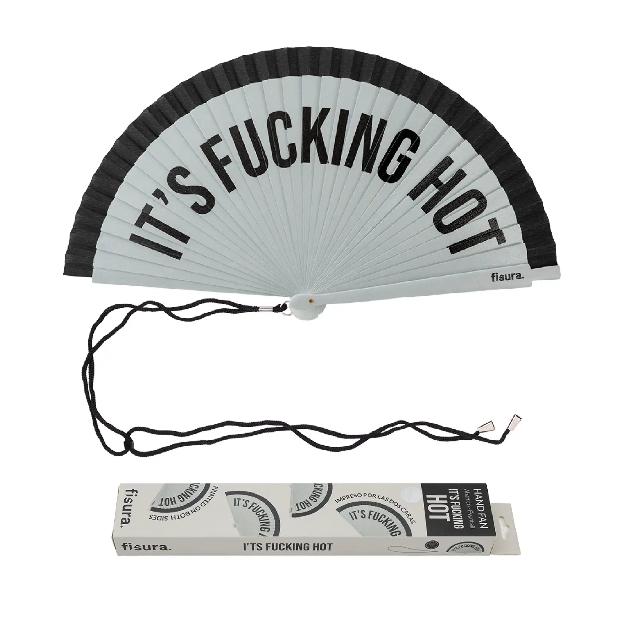 Abanico pintado "It’s fucking hot" gris y negro