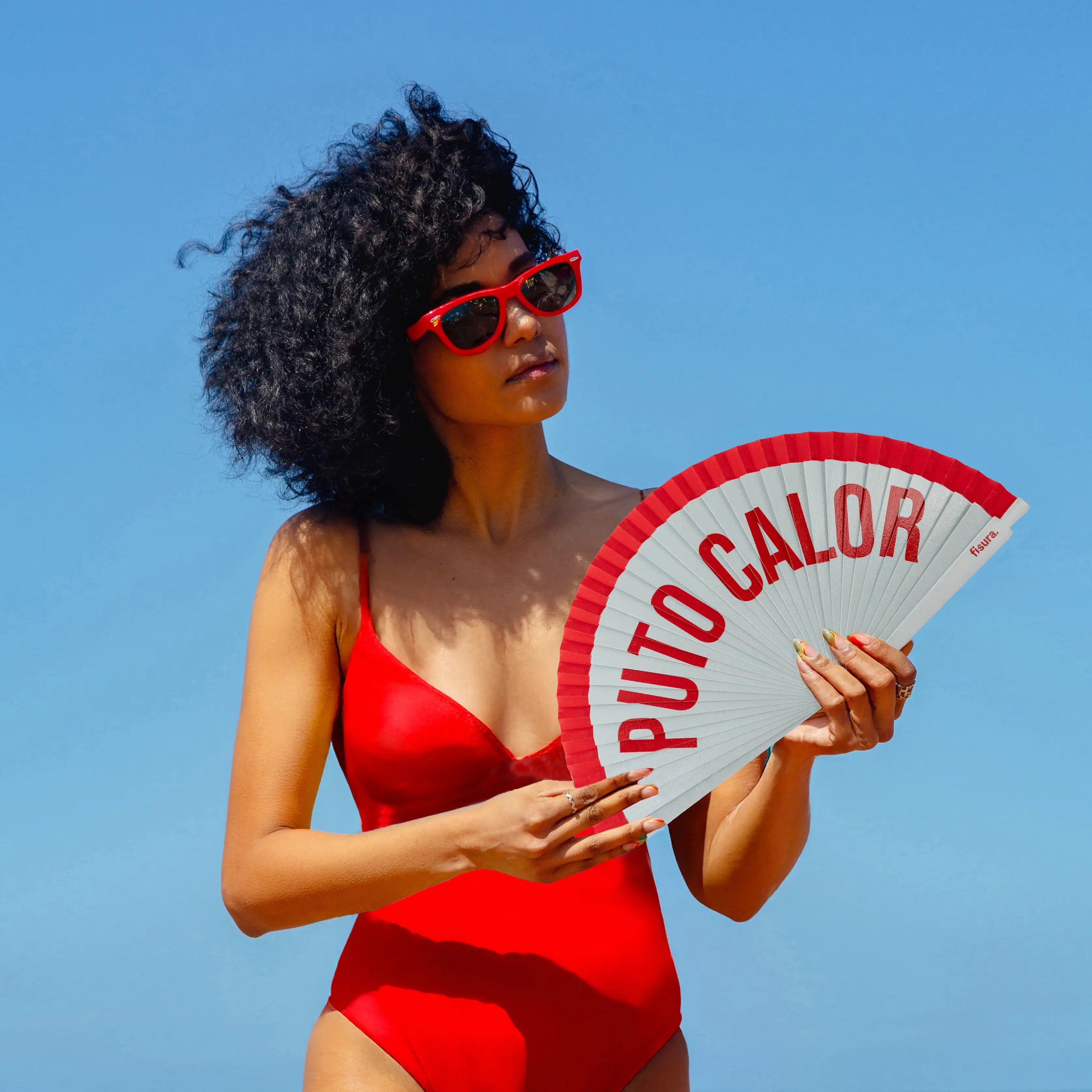 Abanico pintado "Puto calor" rojo