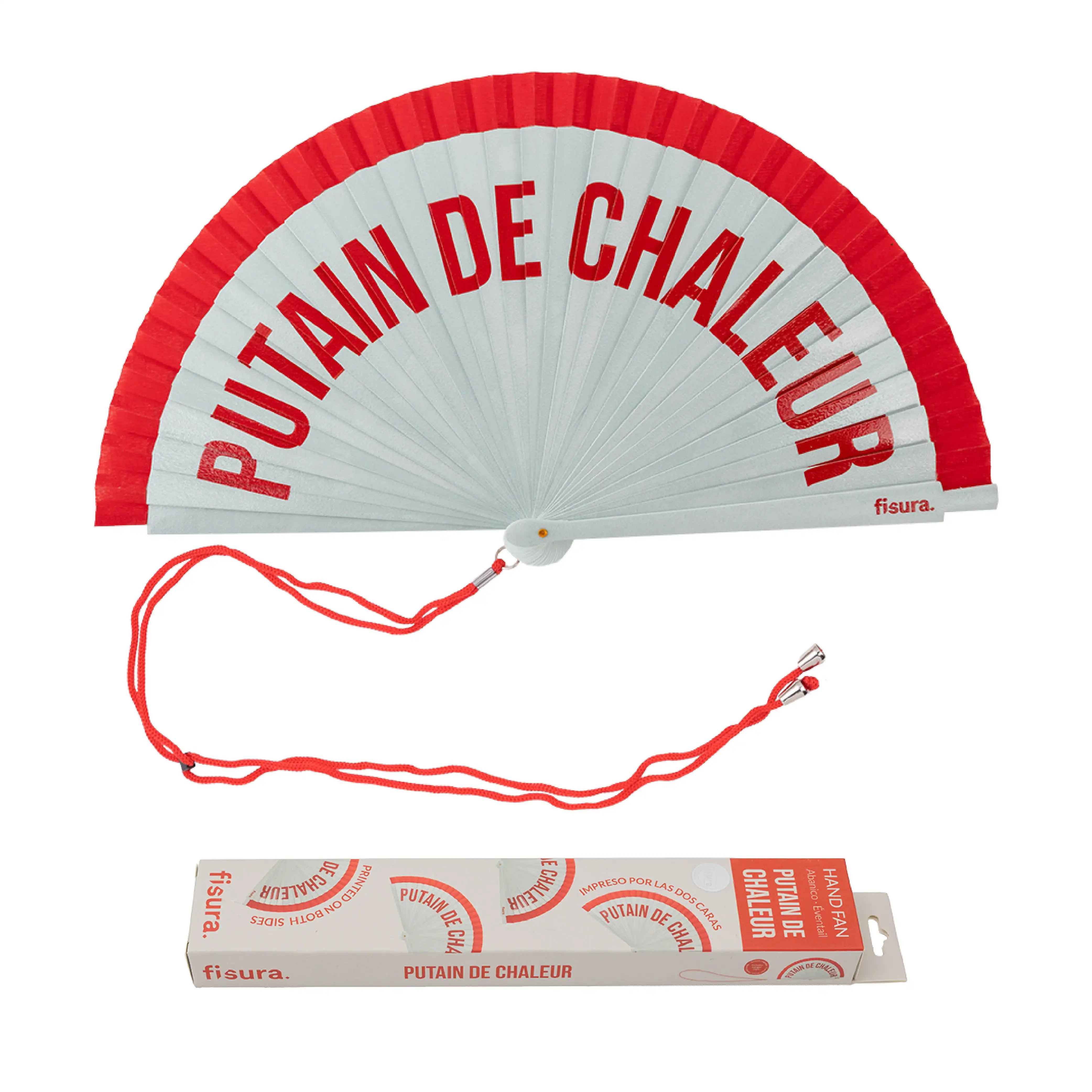 Abanico pintado "Putain de chaleur" rojo