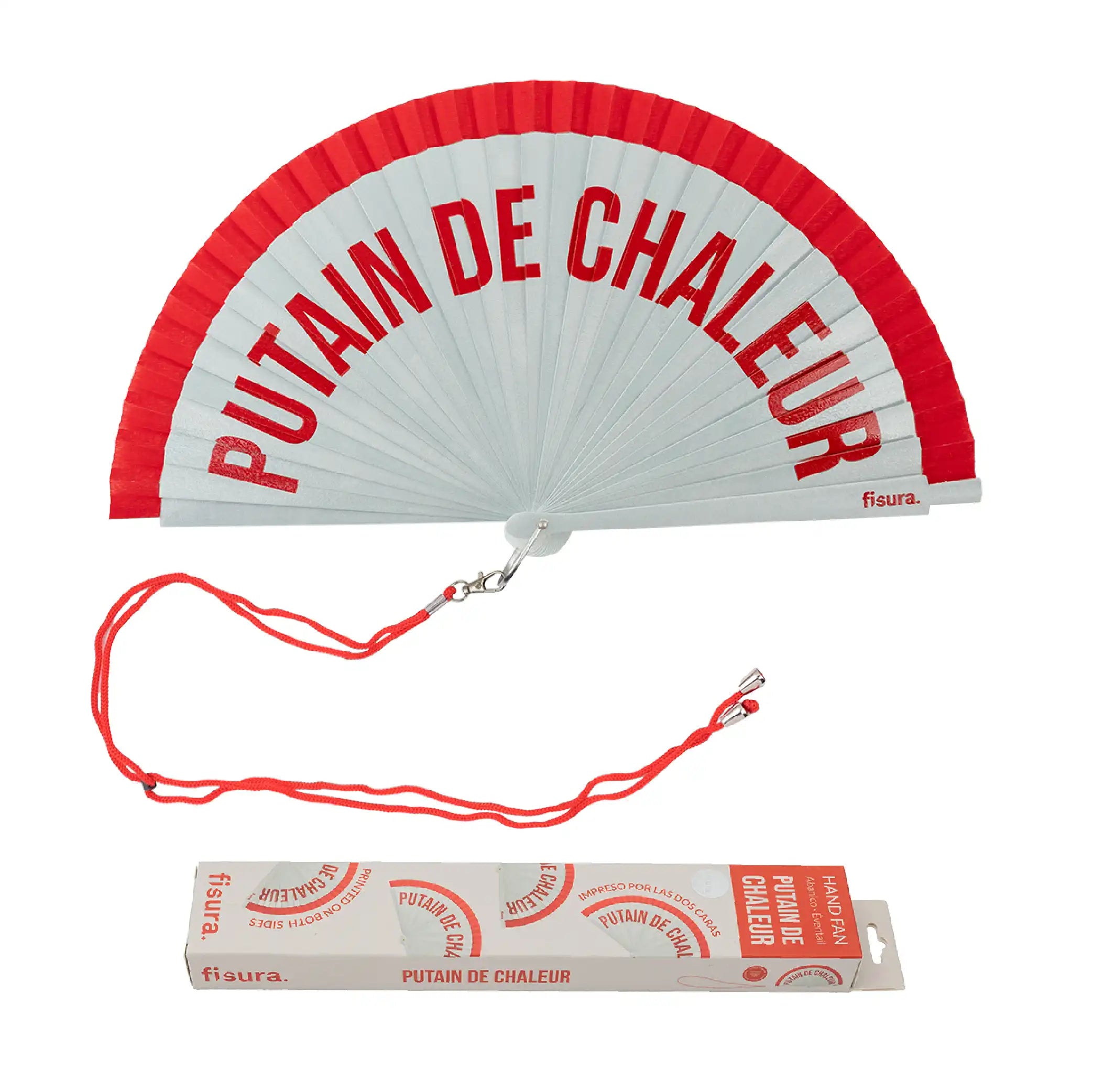 Abanico pintado "Putain de chaleur" rojo
