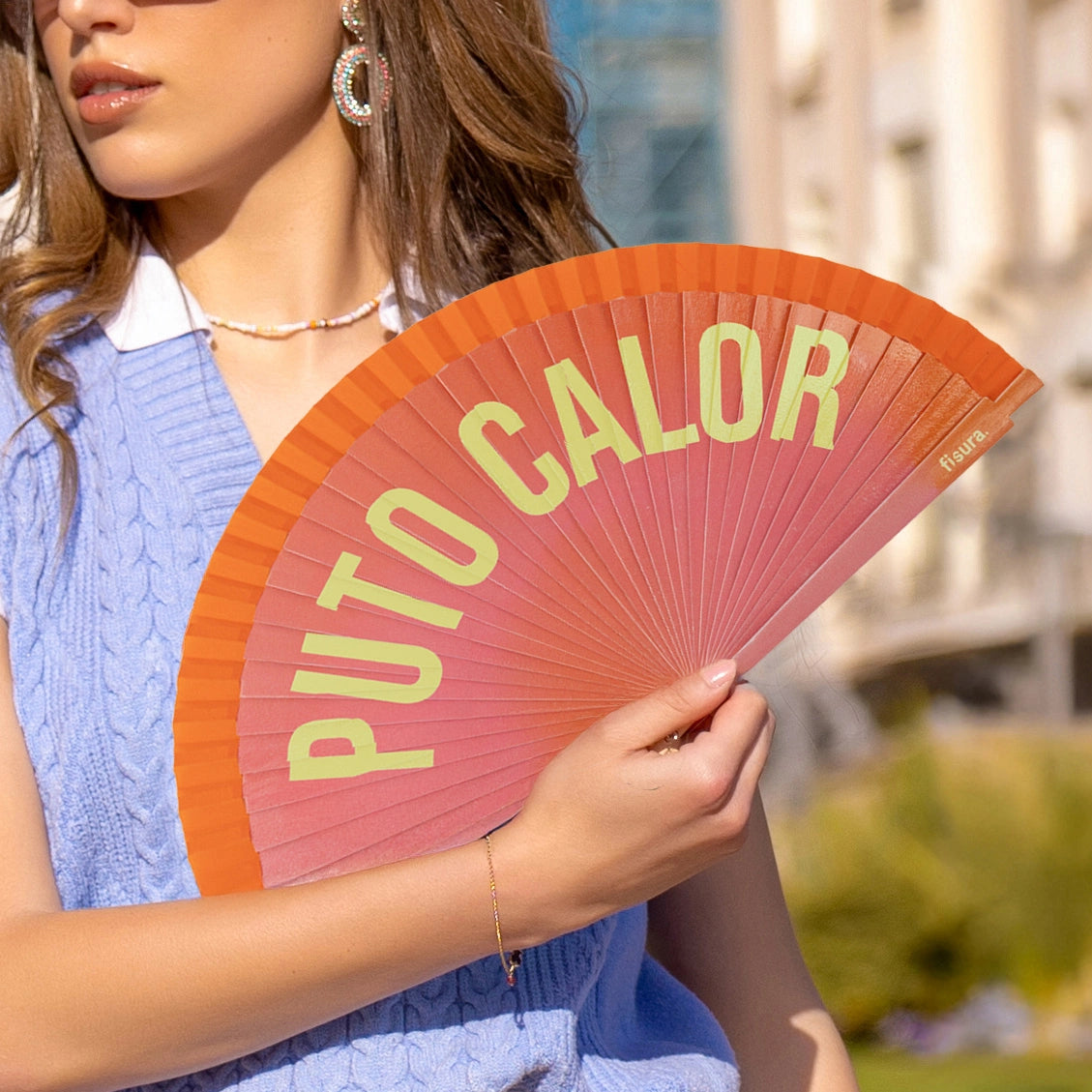 Abanico pintado "Puto calor" degradado naranja