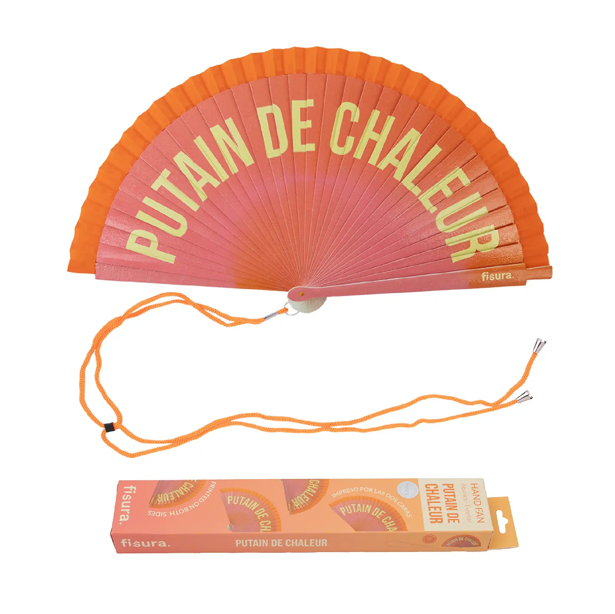 Abanico pintado "Putain de chaleur" degradado naranja