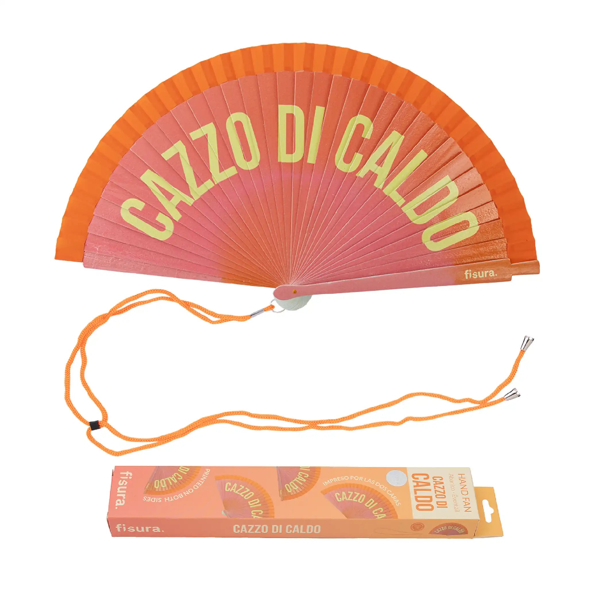 Abanico pintado "Cazzo di caldo" degradado naranja