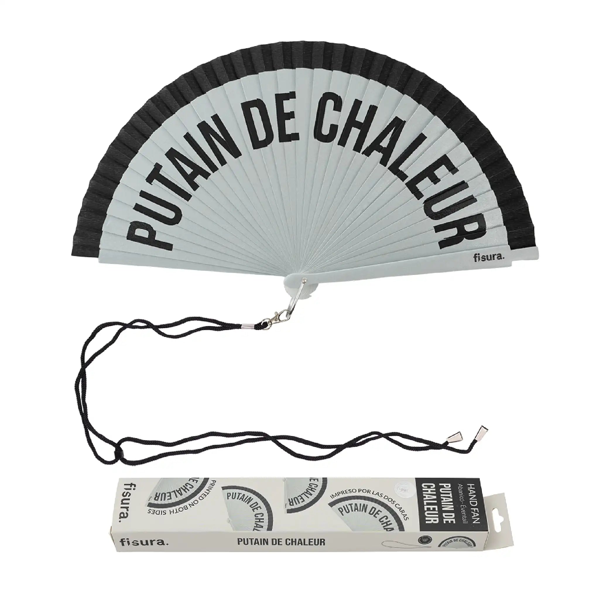 Abanico pintado "Putain de chaleur" gris y negro