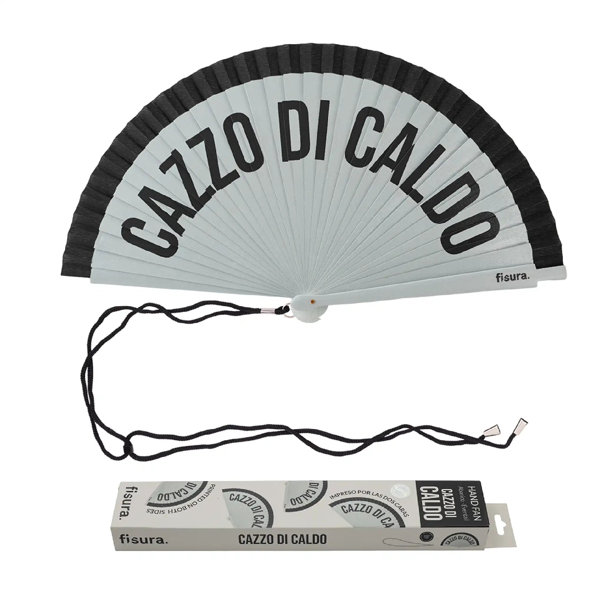 Abanico pintado "Cazzo di caldo" gris y negro