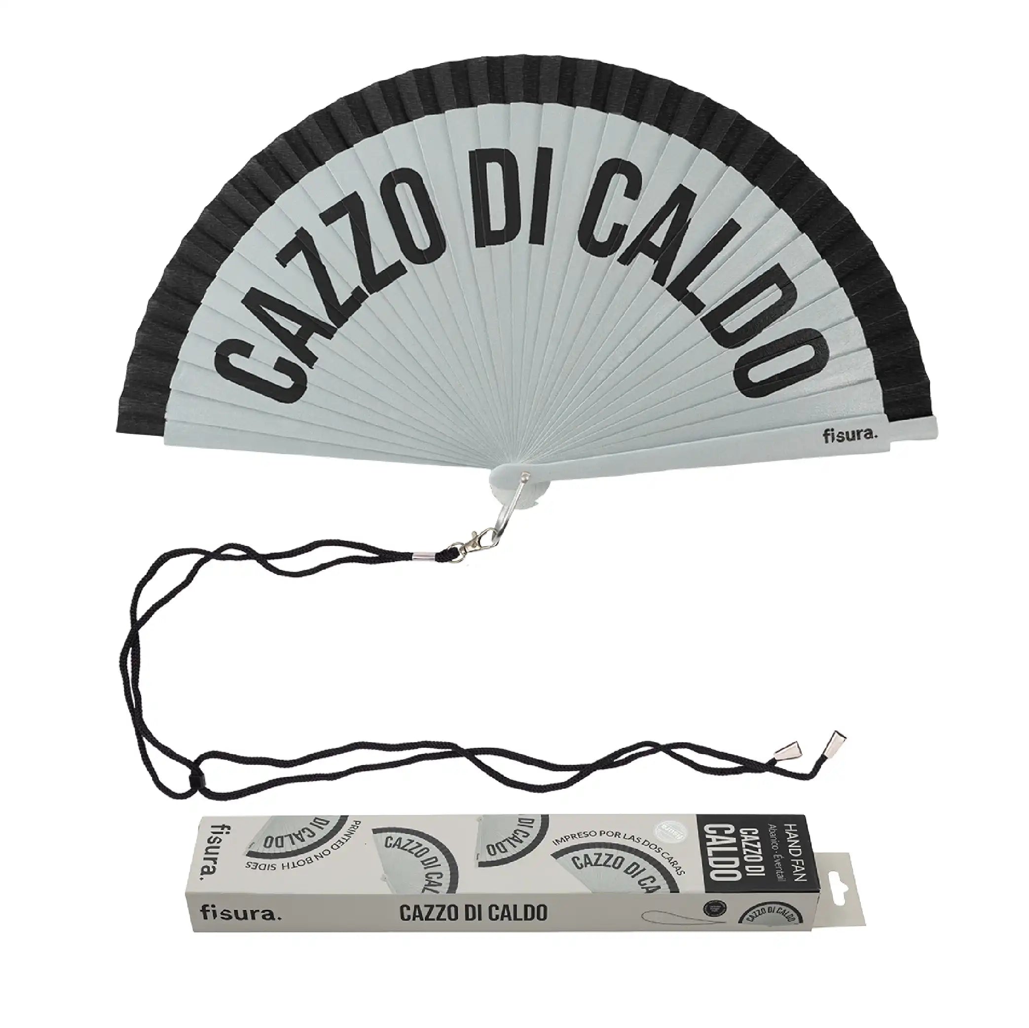 Abanico pintado "Cazzo di caldo" gris y negro