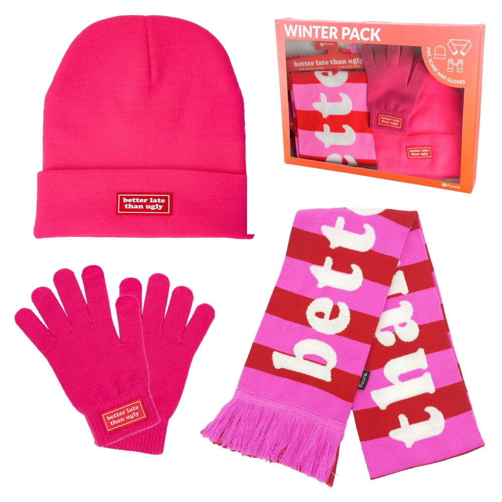 Set cappello, sciarpa e guanti "Better late than ugly"