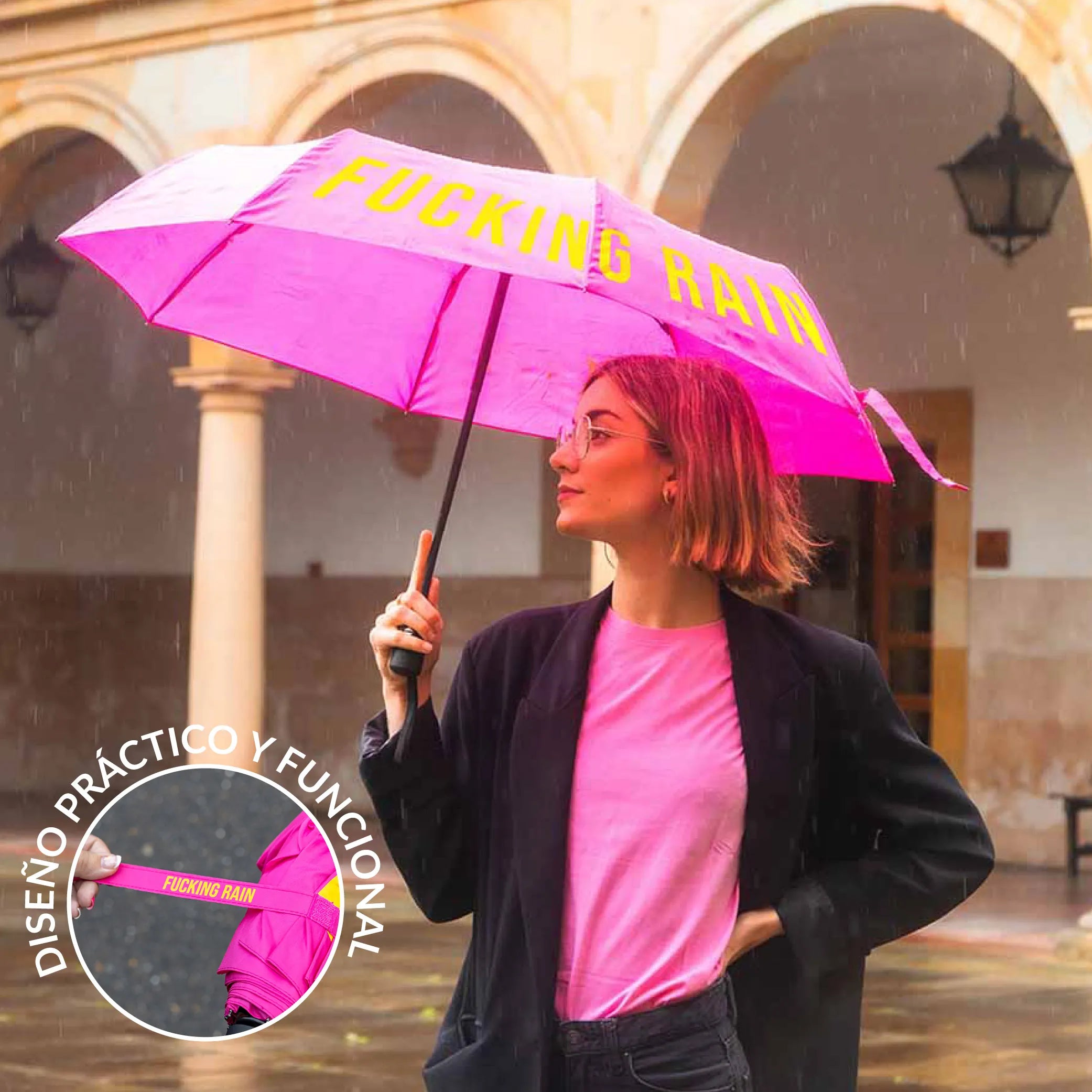 Paraguas plegable "Fucking Rain" rosa