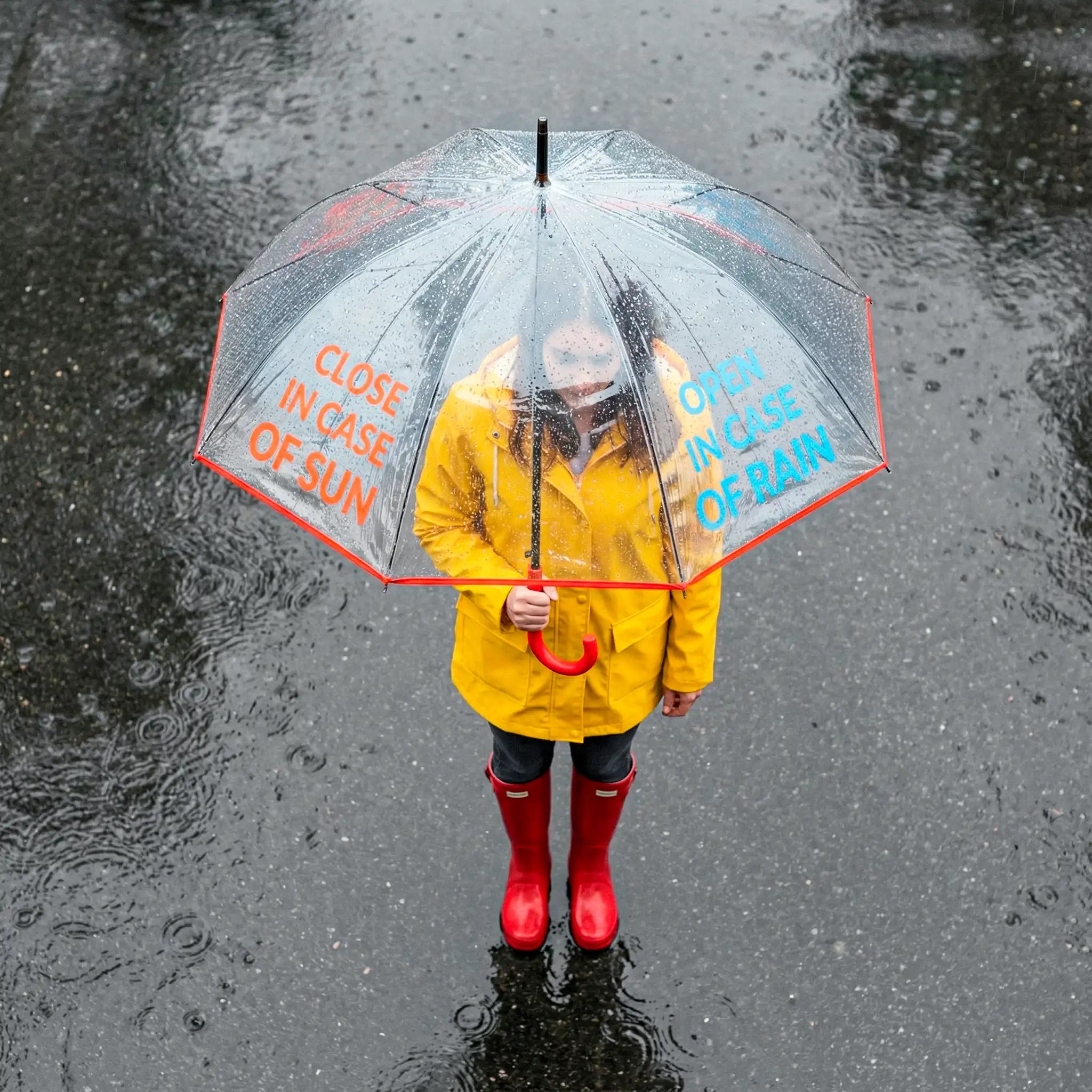 Paraguas transparente "open in case of..."