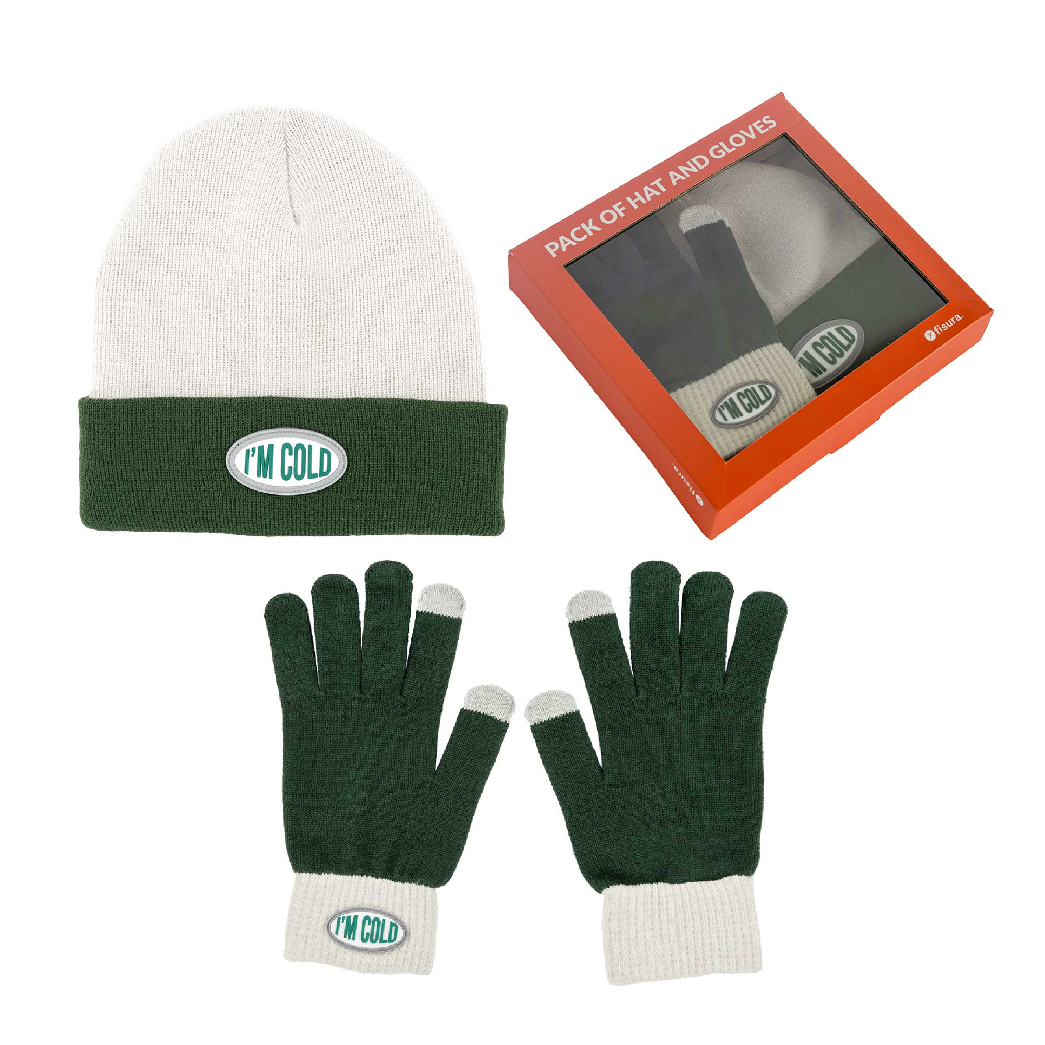 Pack de gorro y guantes “I’m cold” verde y gris