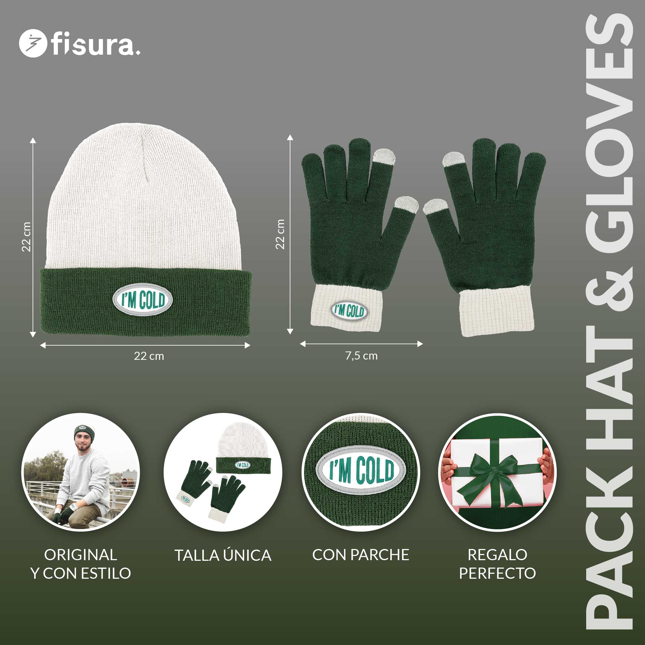 Pack de gorro y guantes “I’m cold” verde y gris
