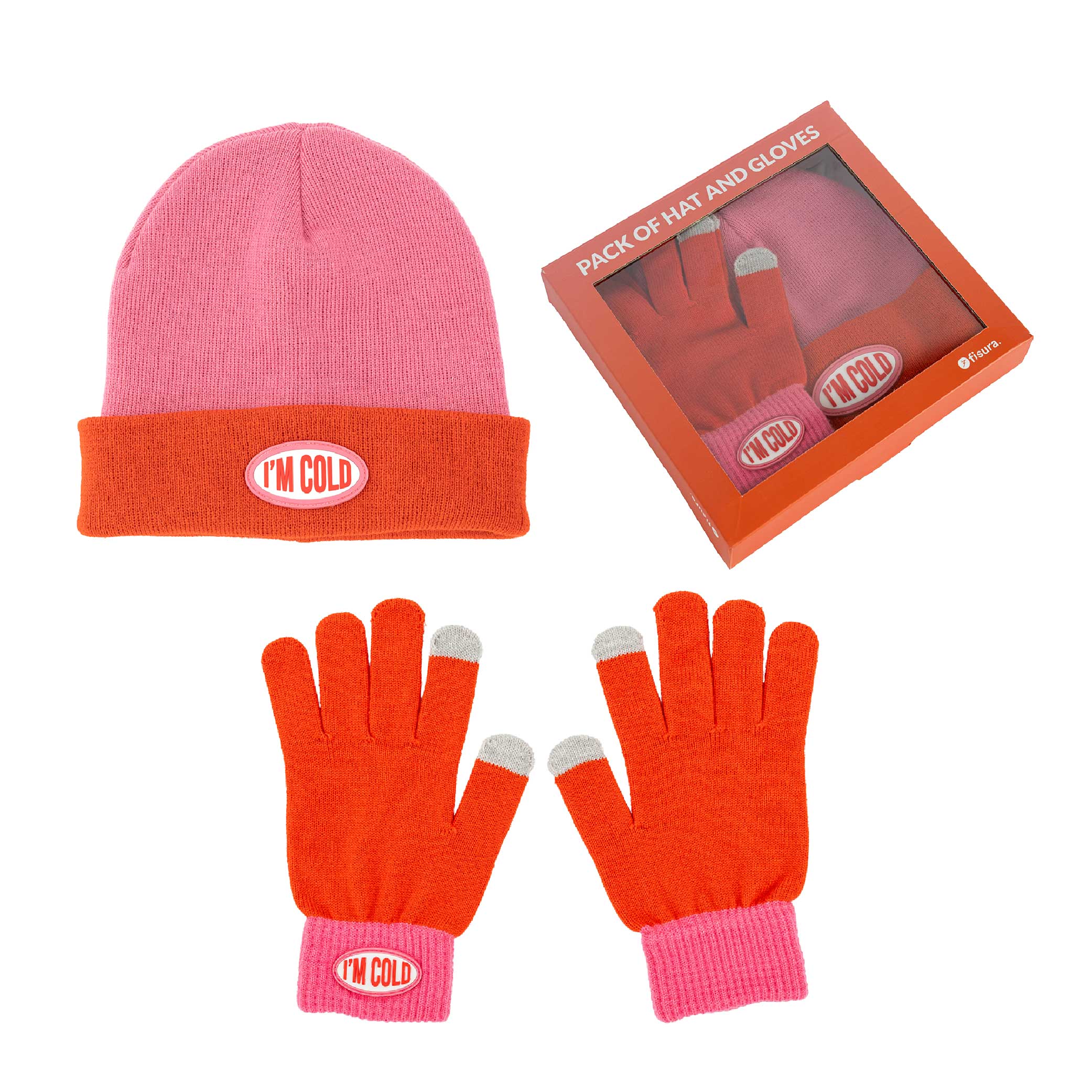 Pack de gorro y guantes “I’m cold” rosa y rojo