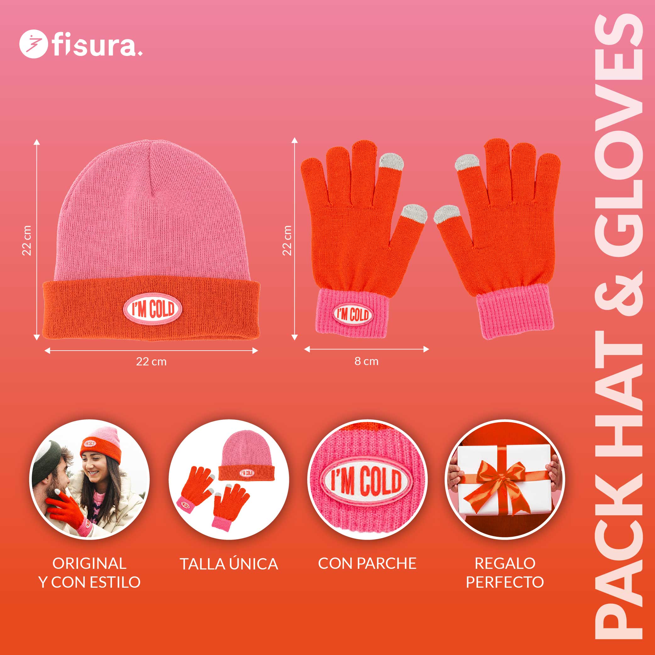 Pack de gorro y guantes “I’m cold” rosa y rojo