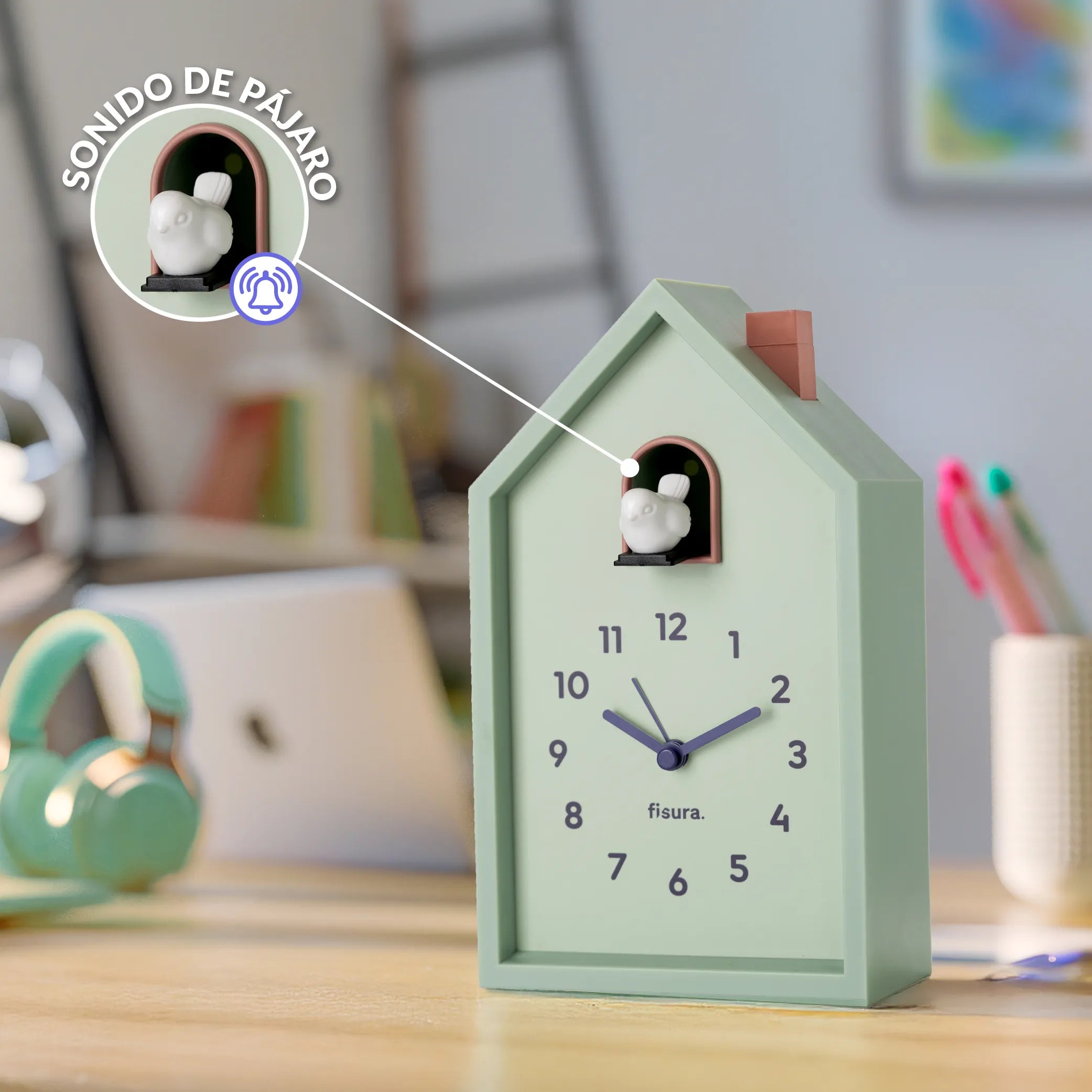 Reloj despertador cuco casita menta