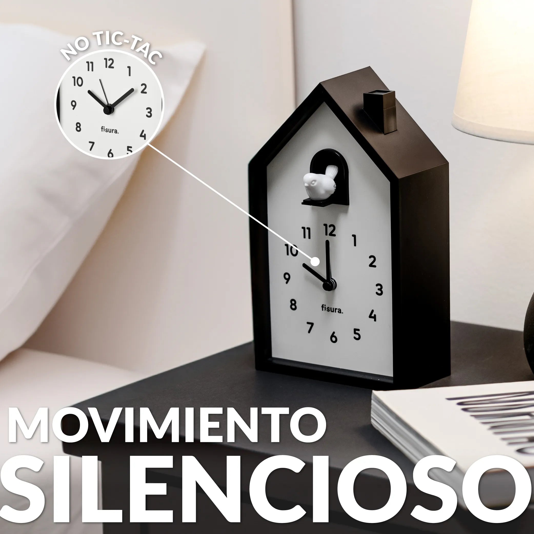 Reloj despertador cuco casita blanco y negro