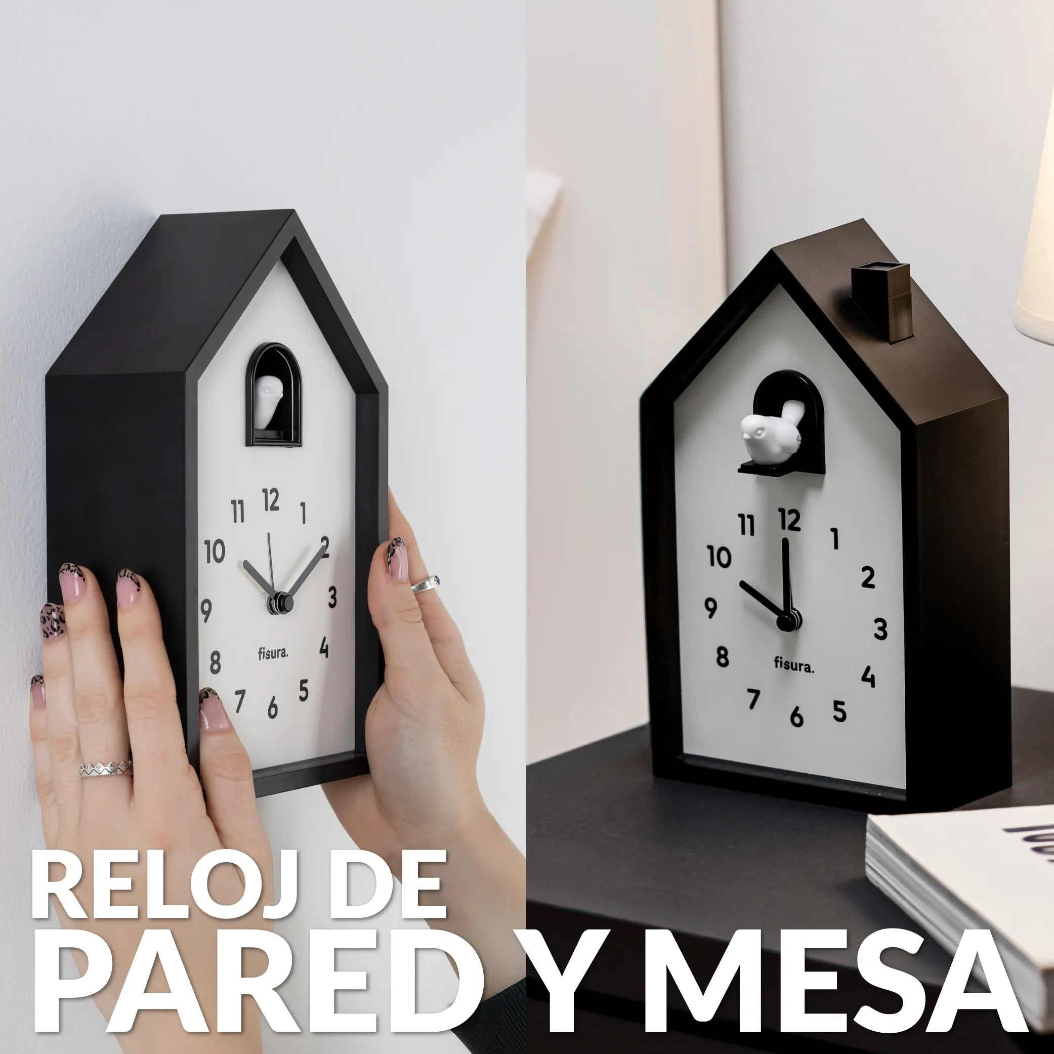 Reloj despertador cuco casita blanco y negro