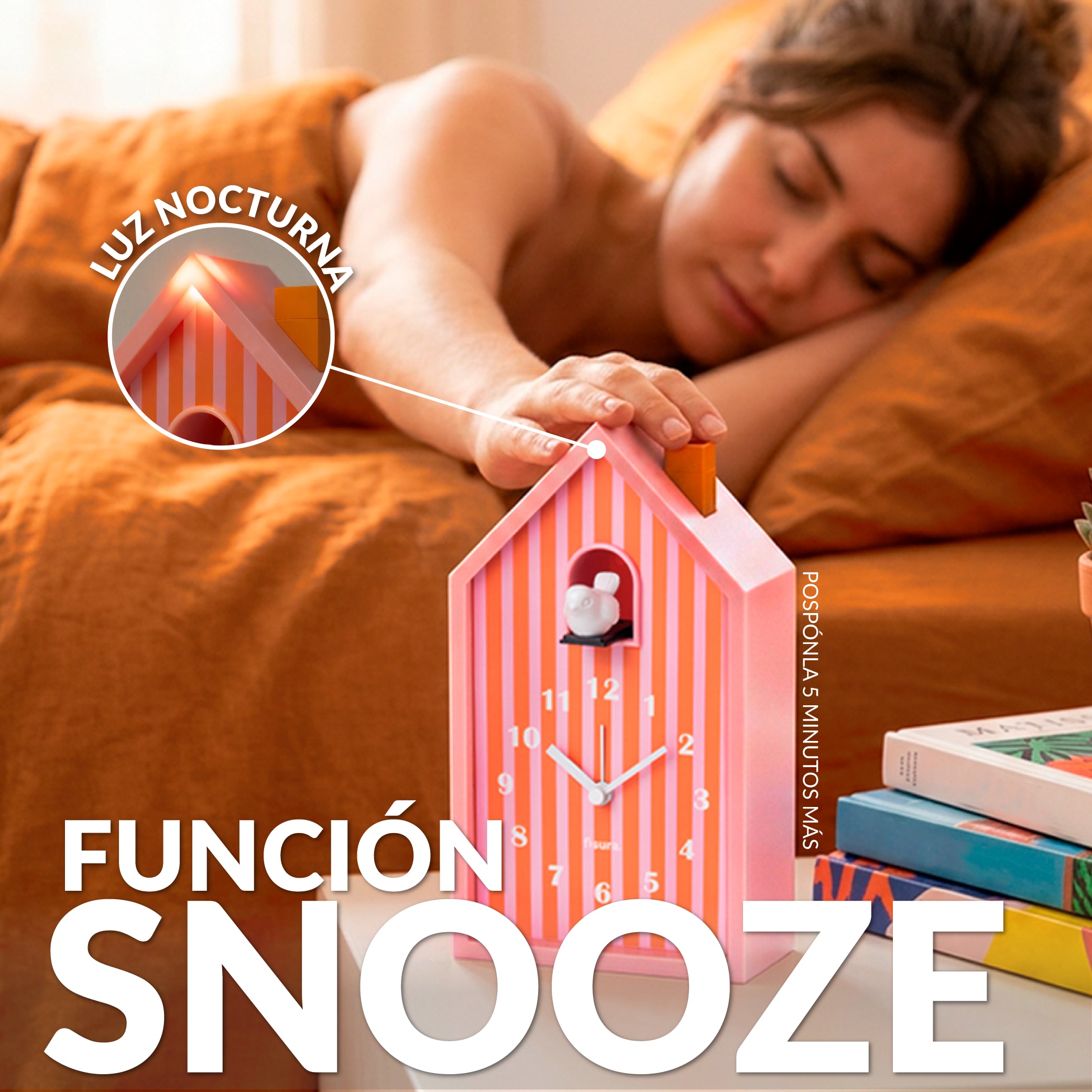 Reloj despertador cuco casita naranja y rosa