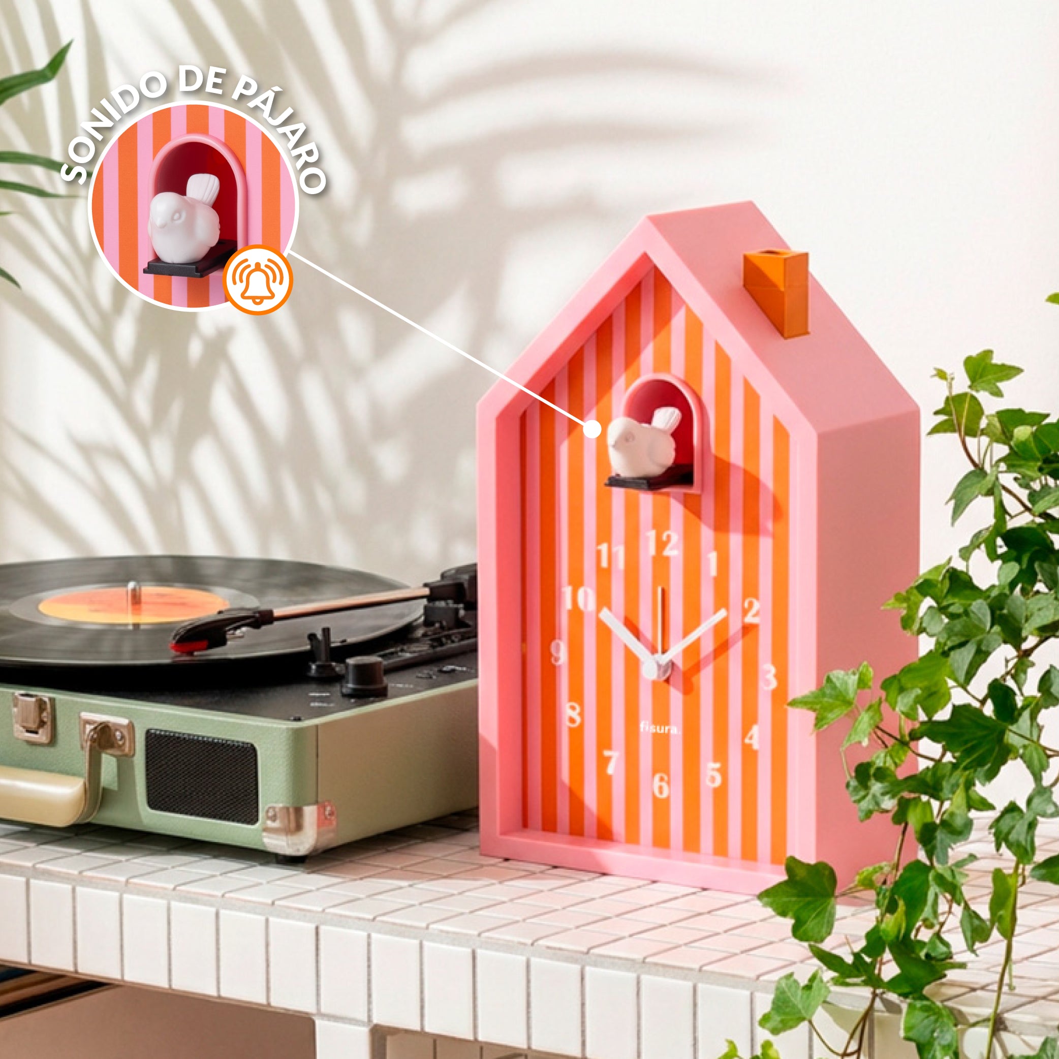 Reloj despertador cuco casita naranja y rosa