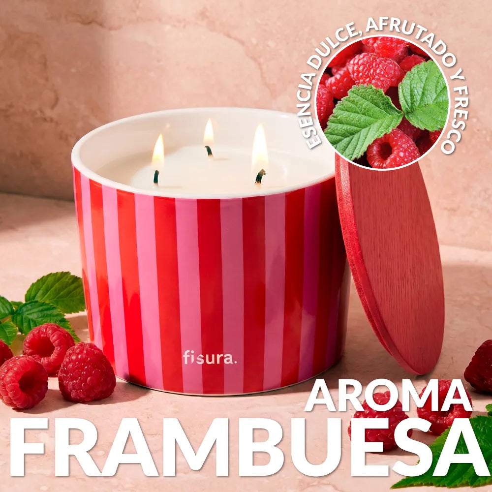 Bougie en céramique avec couvercle à rayures - framboise
