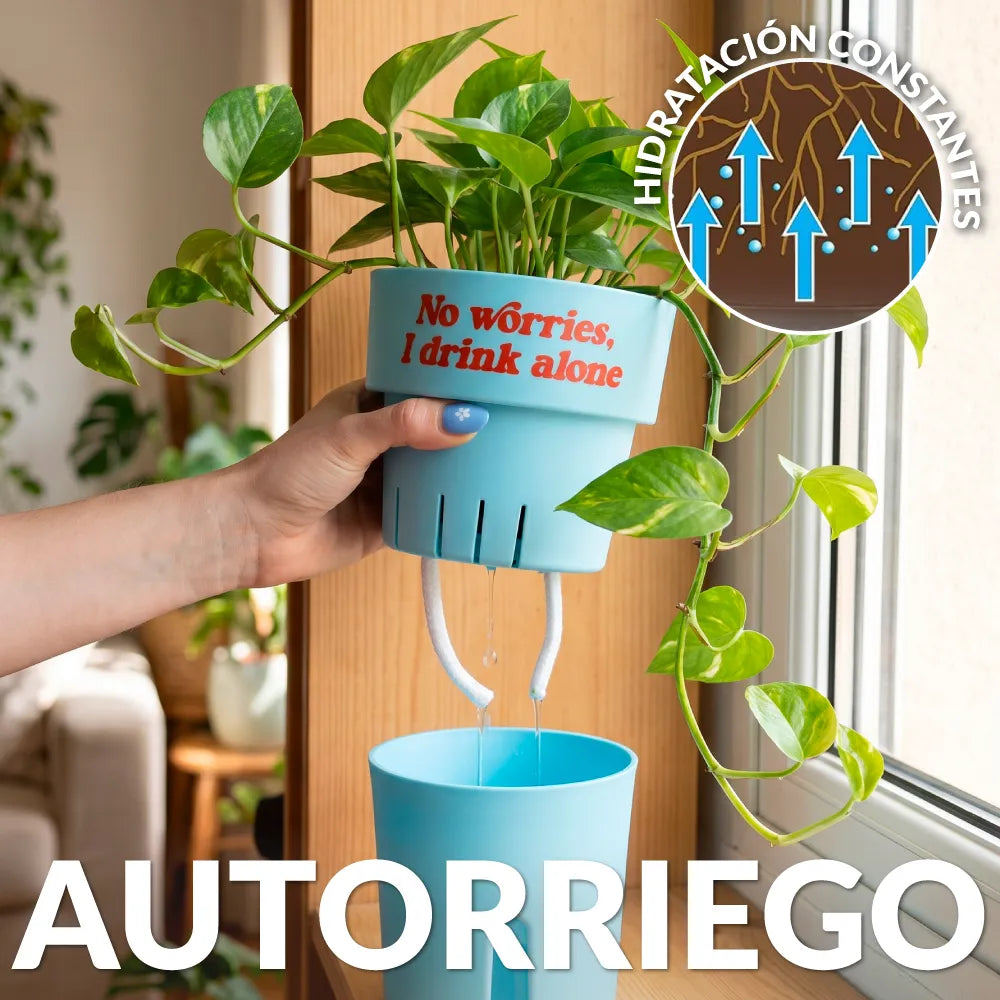 Macetero autorriego “No worries, I drink alone”