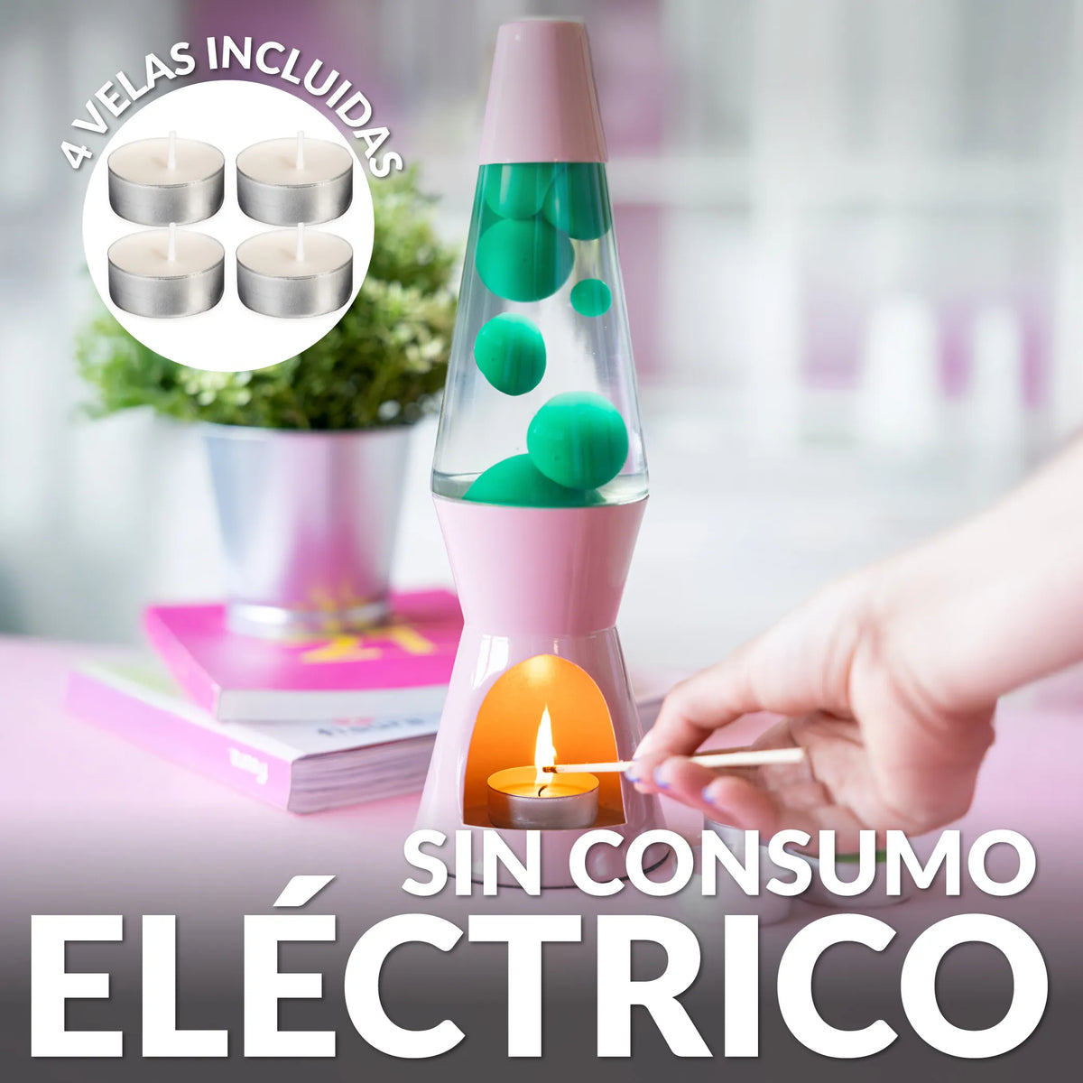 Lámpara de lava vela verde y rosa