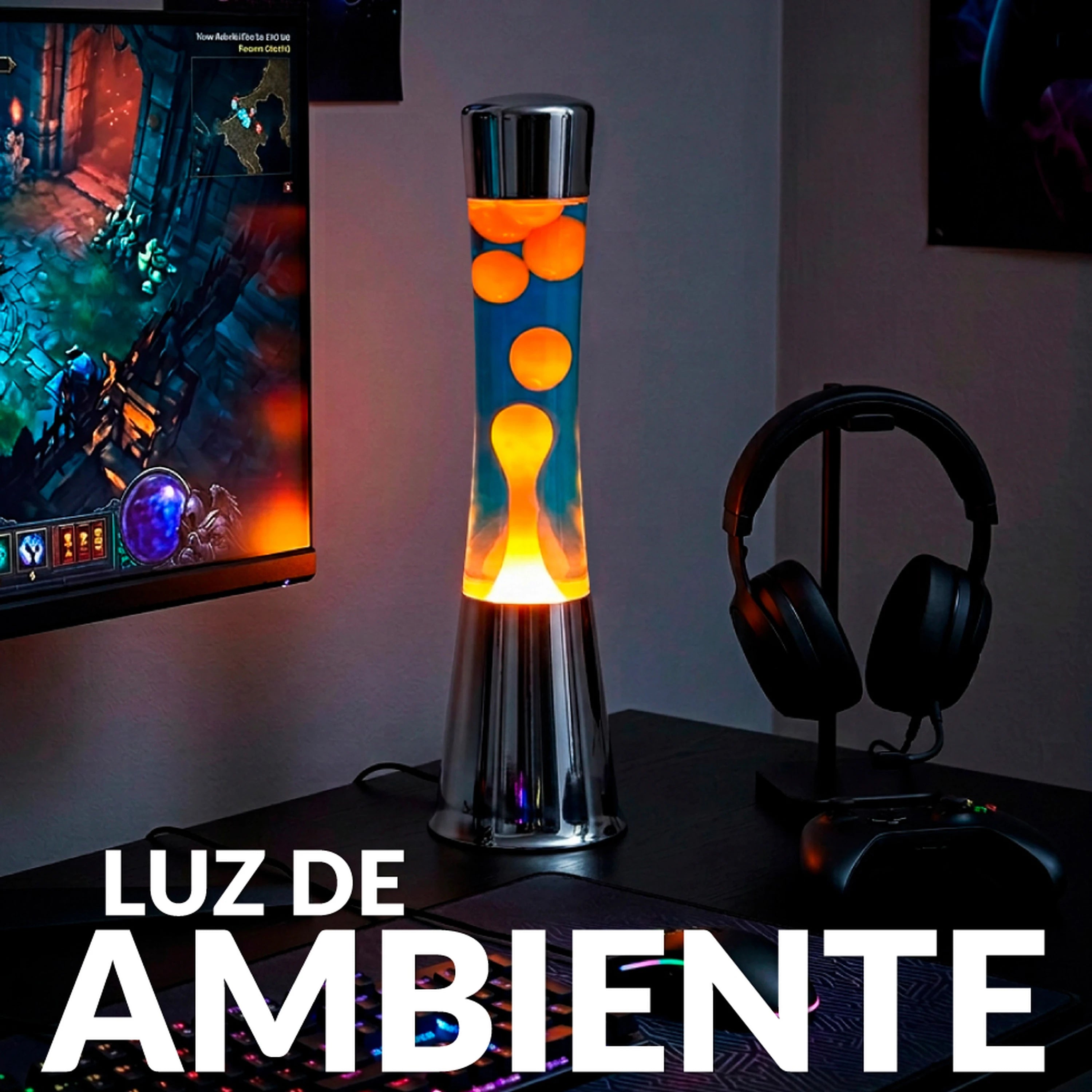 Lámpara de lava LED con base cromo, líquido azul y lava naranja