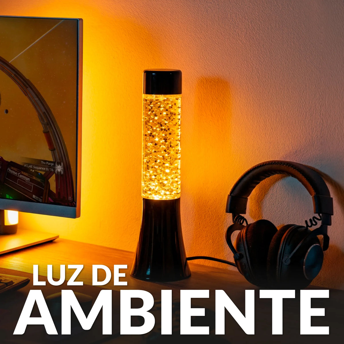 Lámpara de lava glitter de estrellas de 30 cm con base negra y líquido amarillo