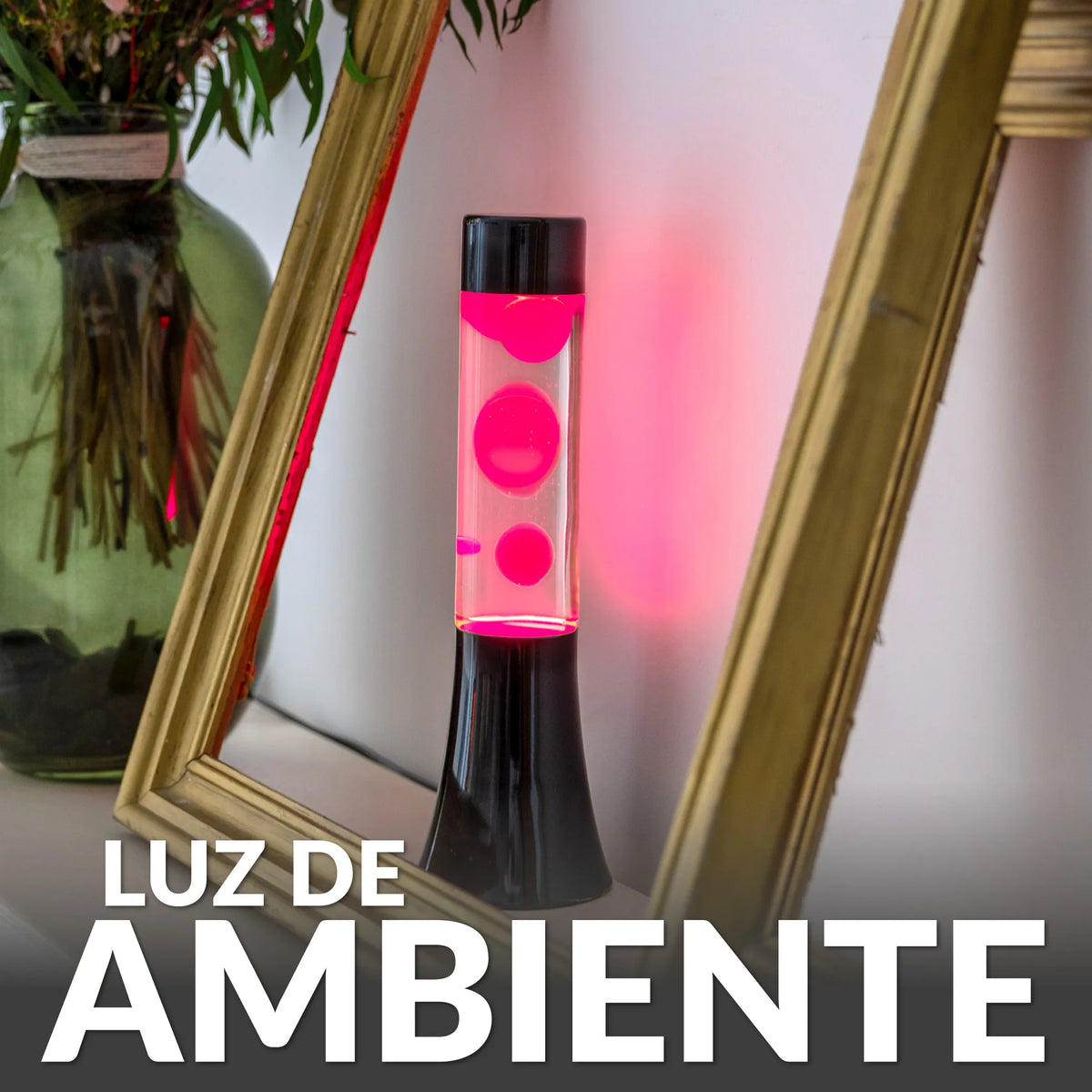 Lámpara de lava rosa de 30 cm con base negra