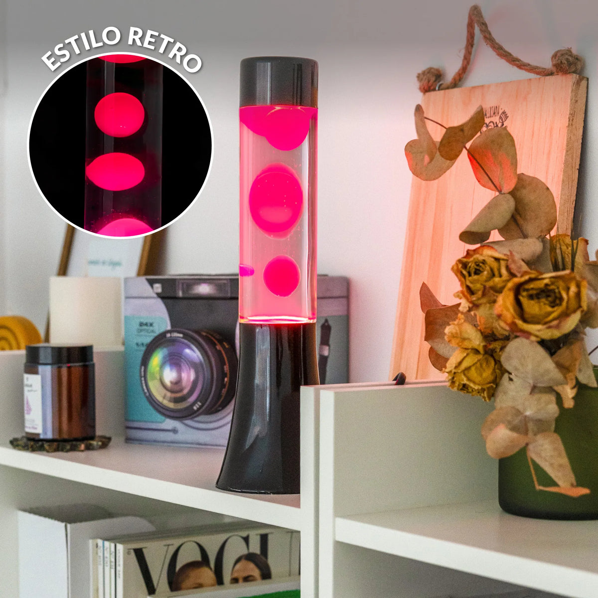 Lámpara de lava rosa de 30 cm con base negra