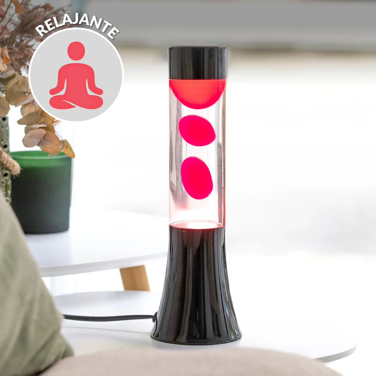 Lámpara de lava rosa de 30 cm con base negra