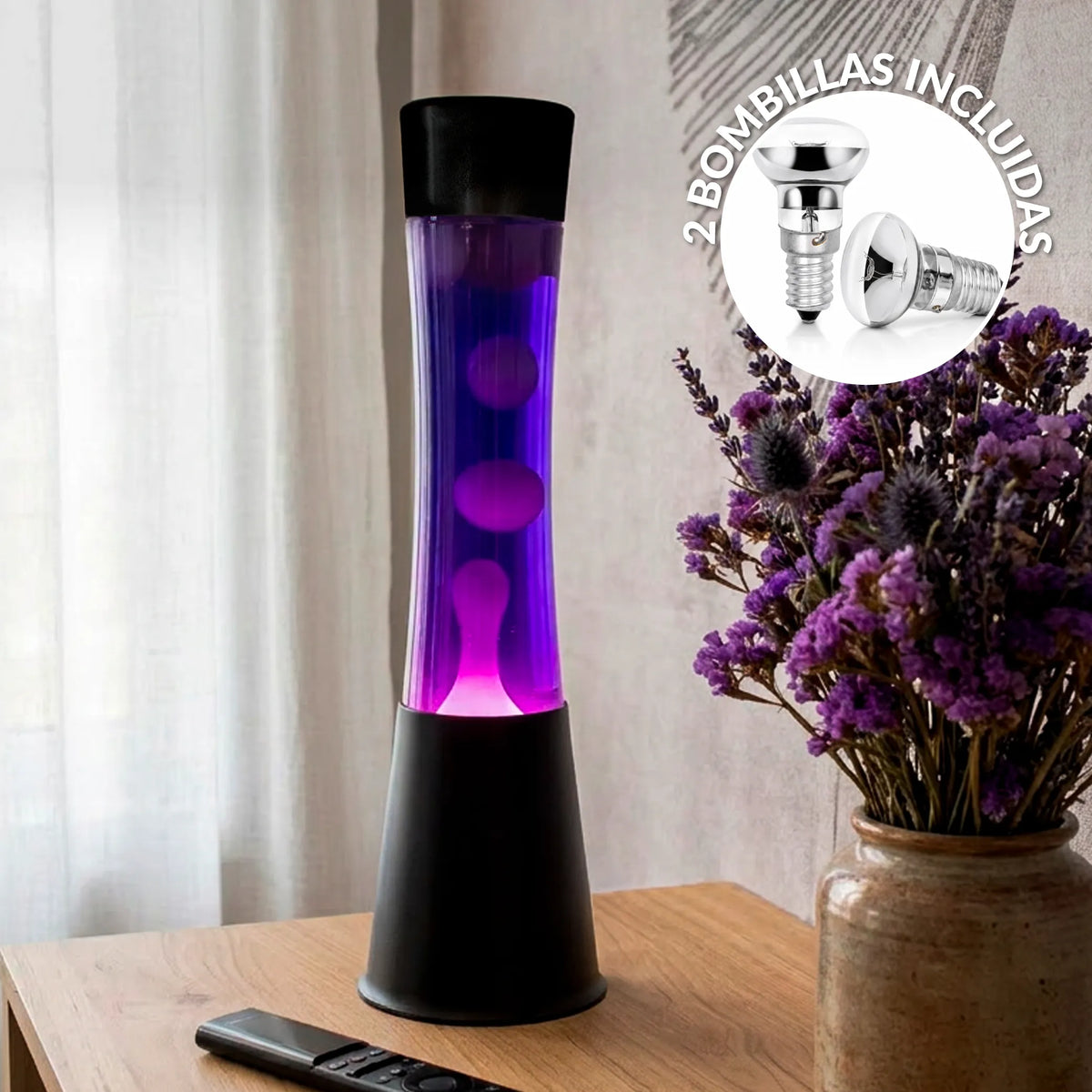 Lámpara de lava blanca de 40 cm con base negra y líquido morado