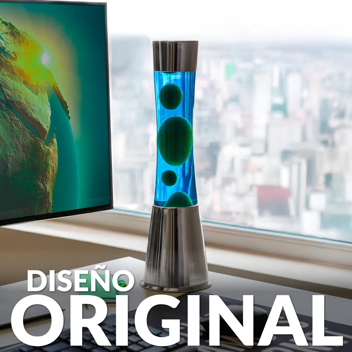 Lámpara de lava verde y azul