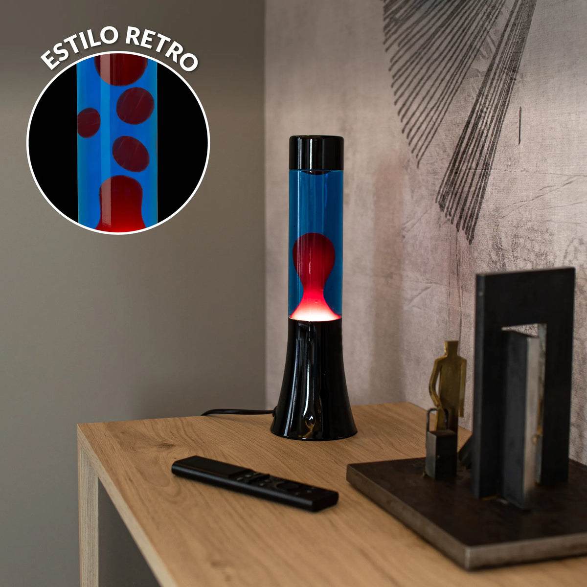 Lámpara de lava roja de 30 cm con base negra y líquido azul