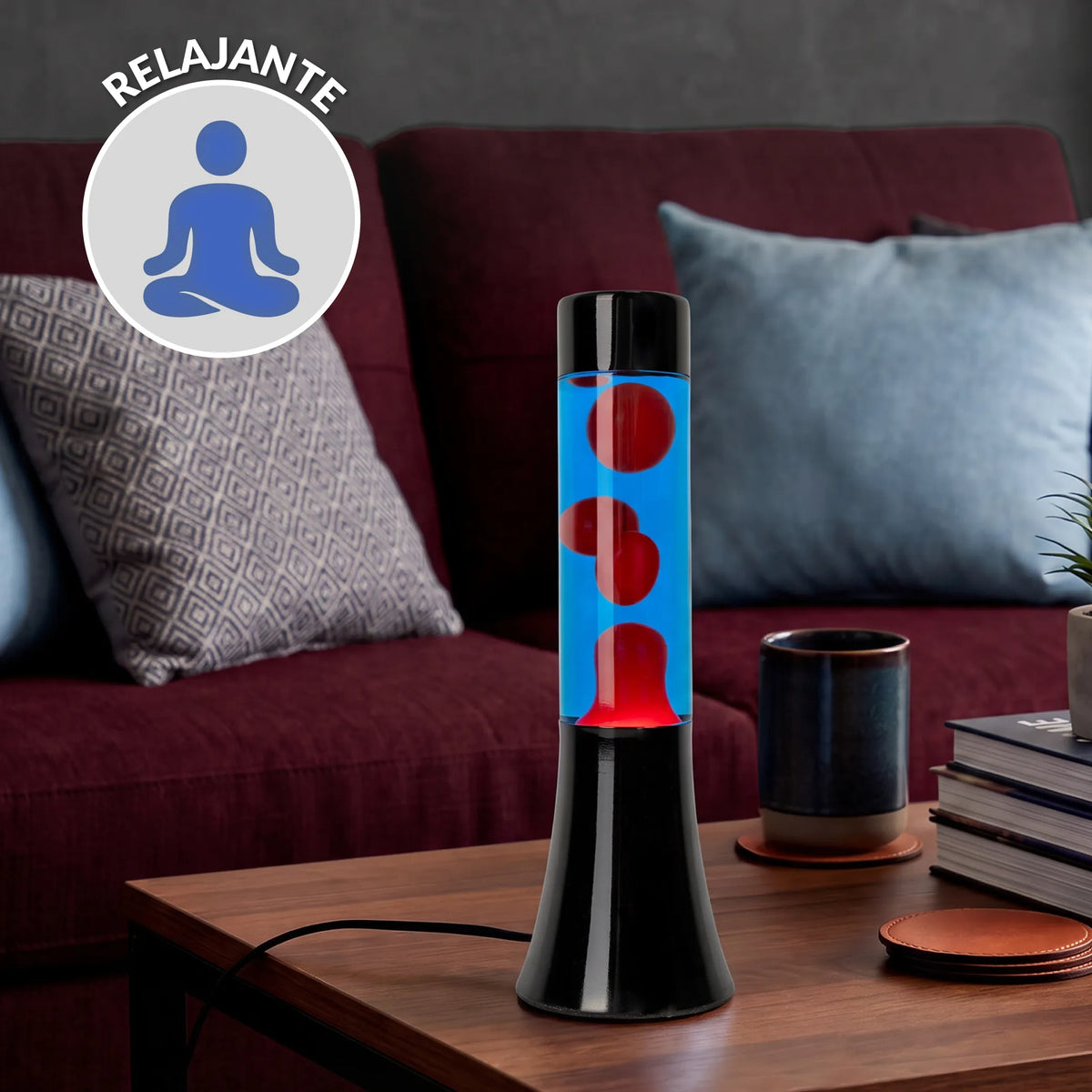 Lámpara de lava roja de 30 cm con base negra y líquido azul