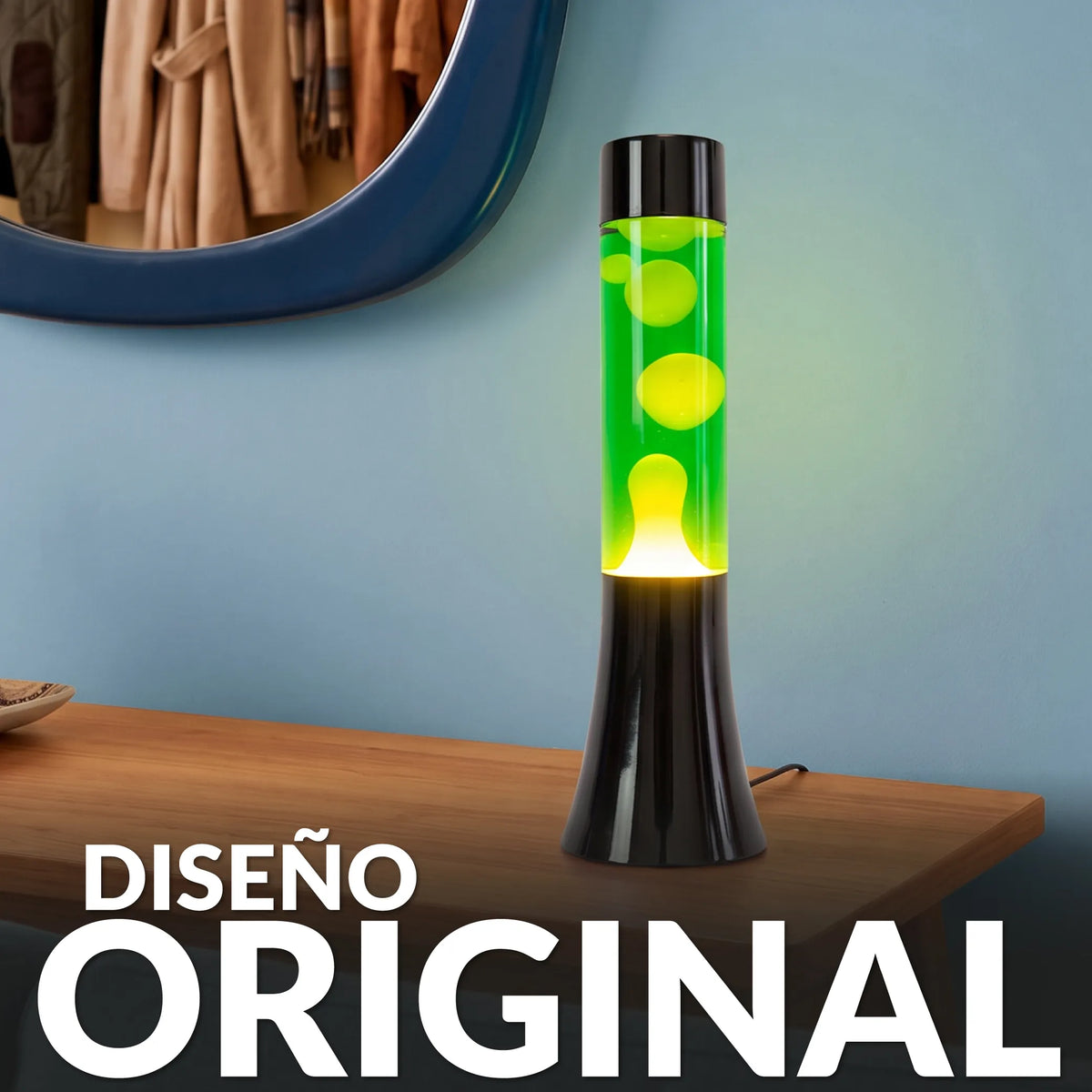 Lámpara de lava amarilla de 30 cm con base negra y líquido verde