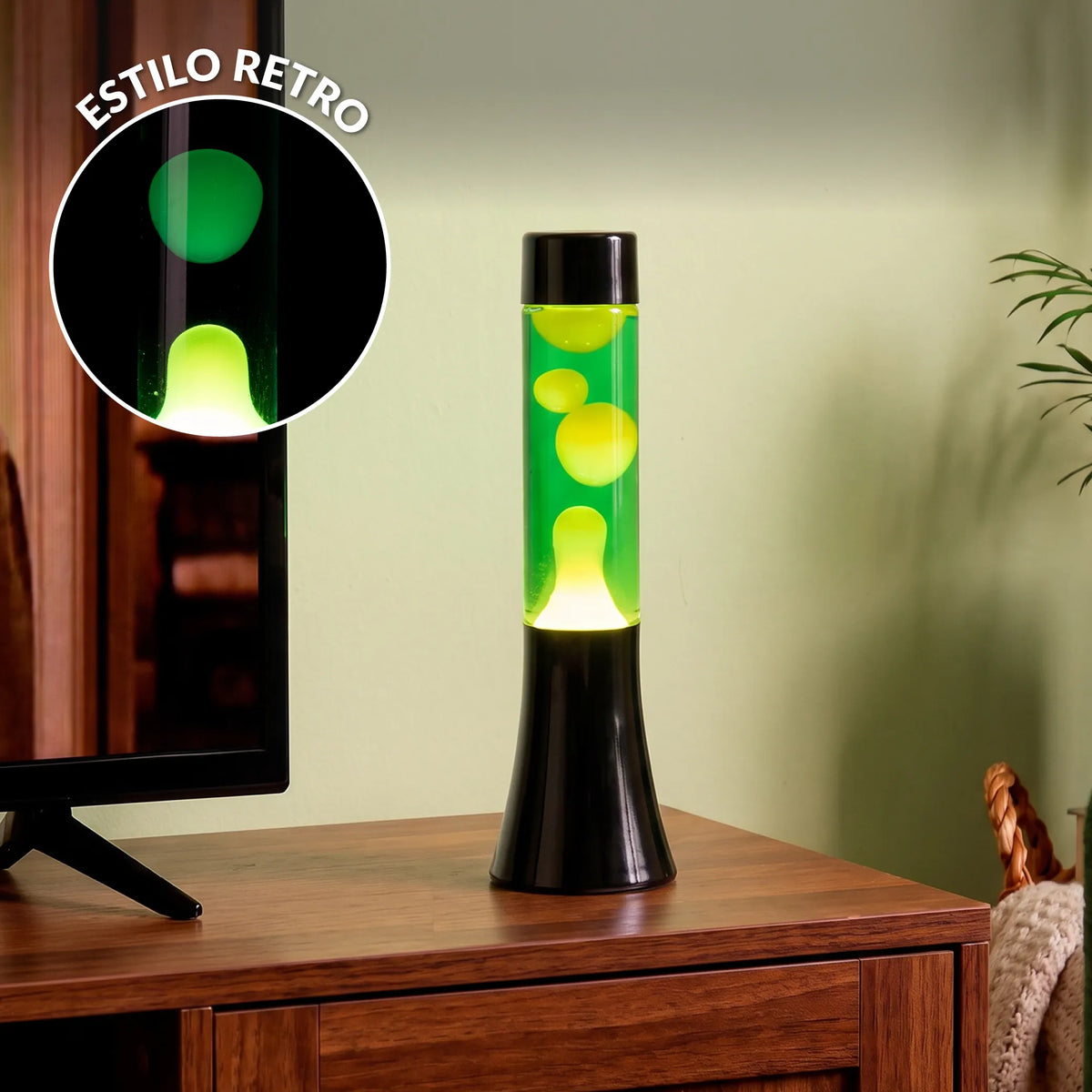 Lámpara de lava amarilla de 30 cm con base negra y líquido verde