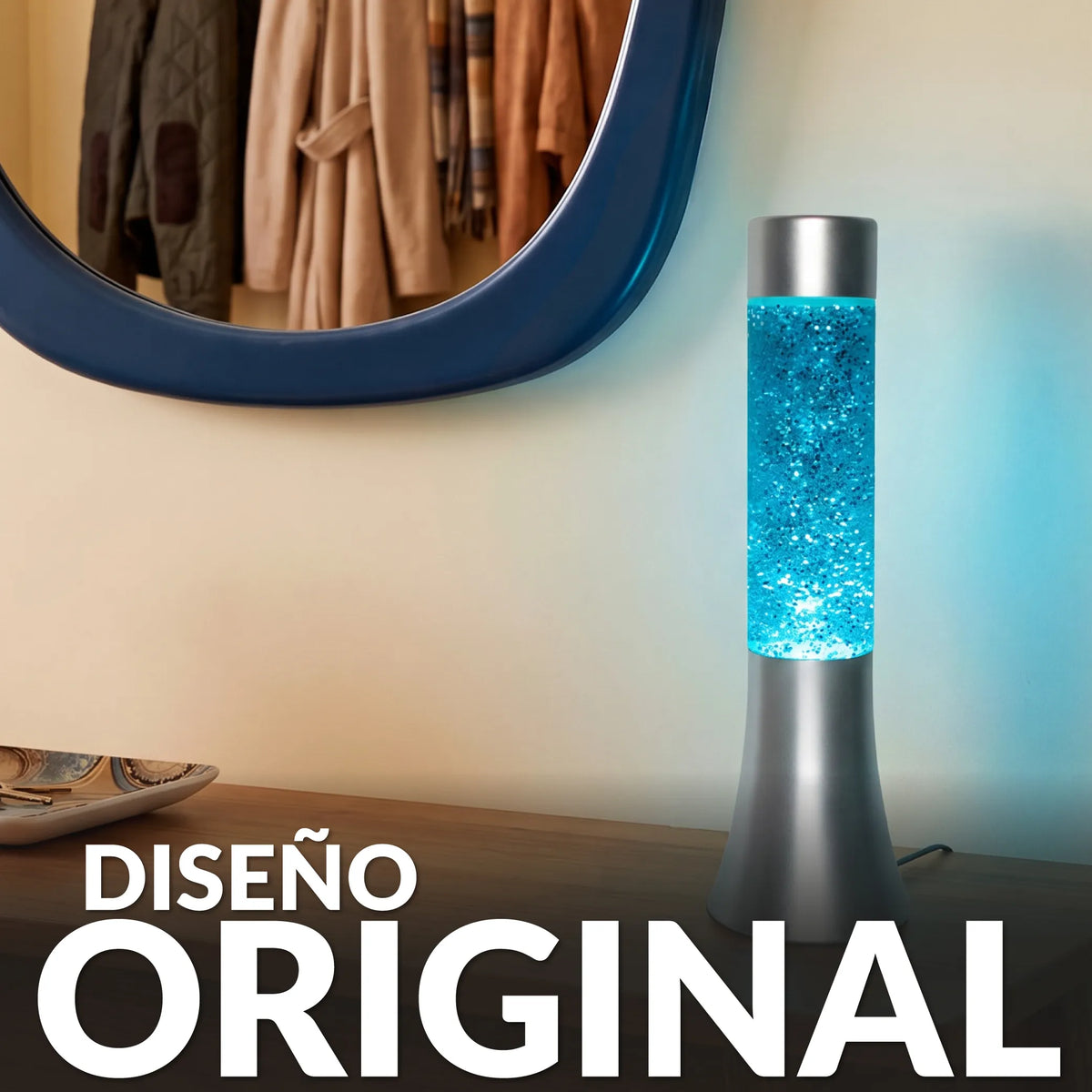 Lámpara de lava glitter de 30 cm con base plateada y líquido azul