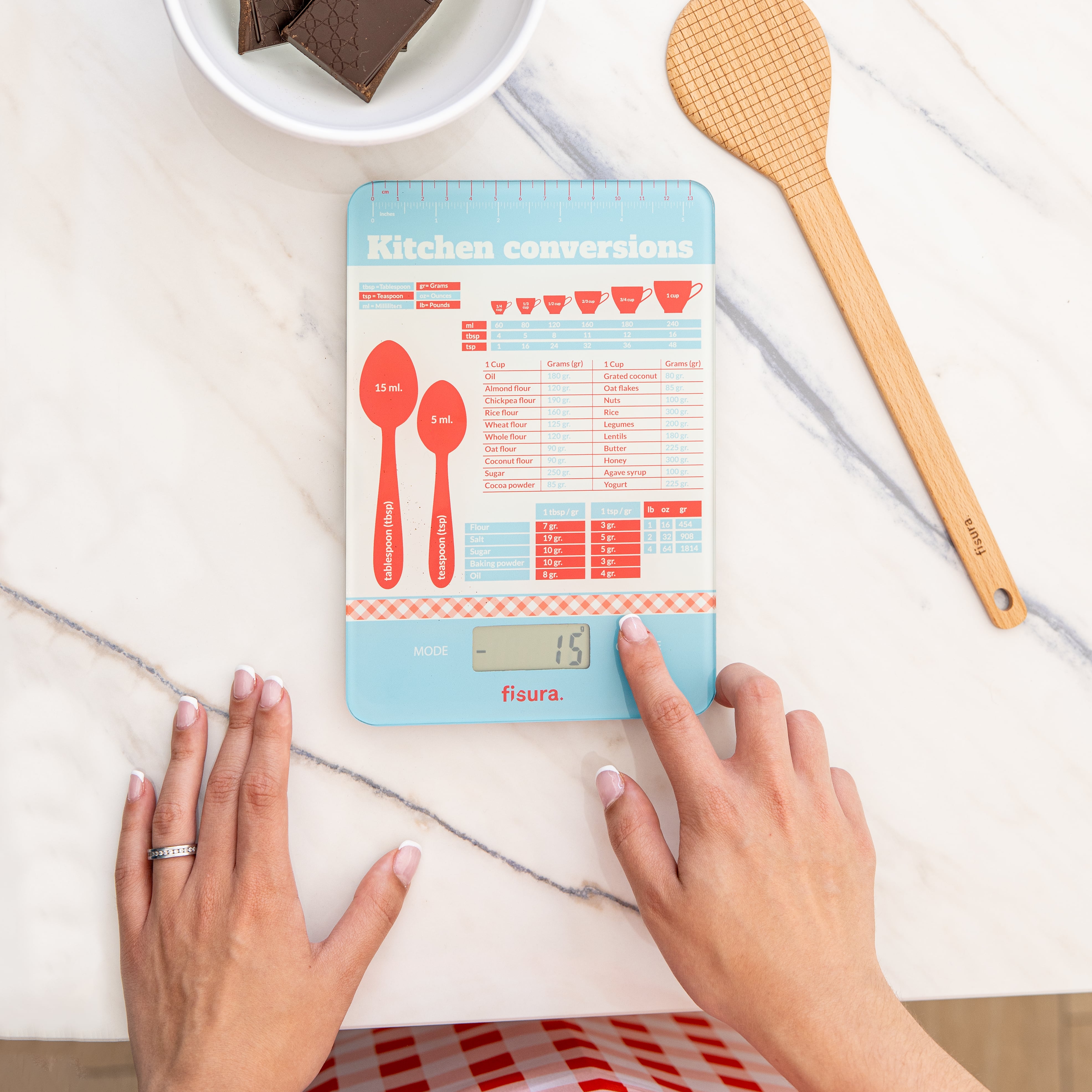 Báscula digital de cocina con estampado de medidas de repostería