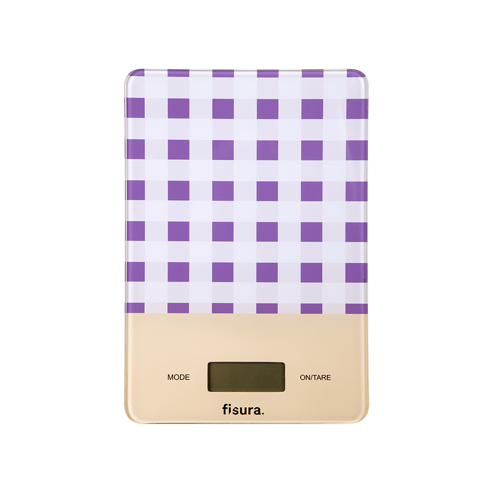 Báscula digital de cocina con estampado vichy morado