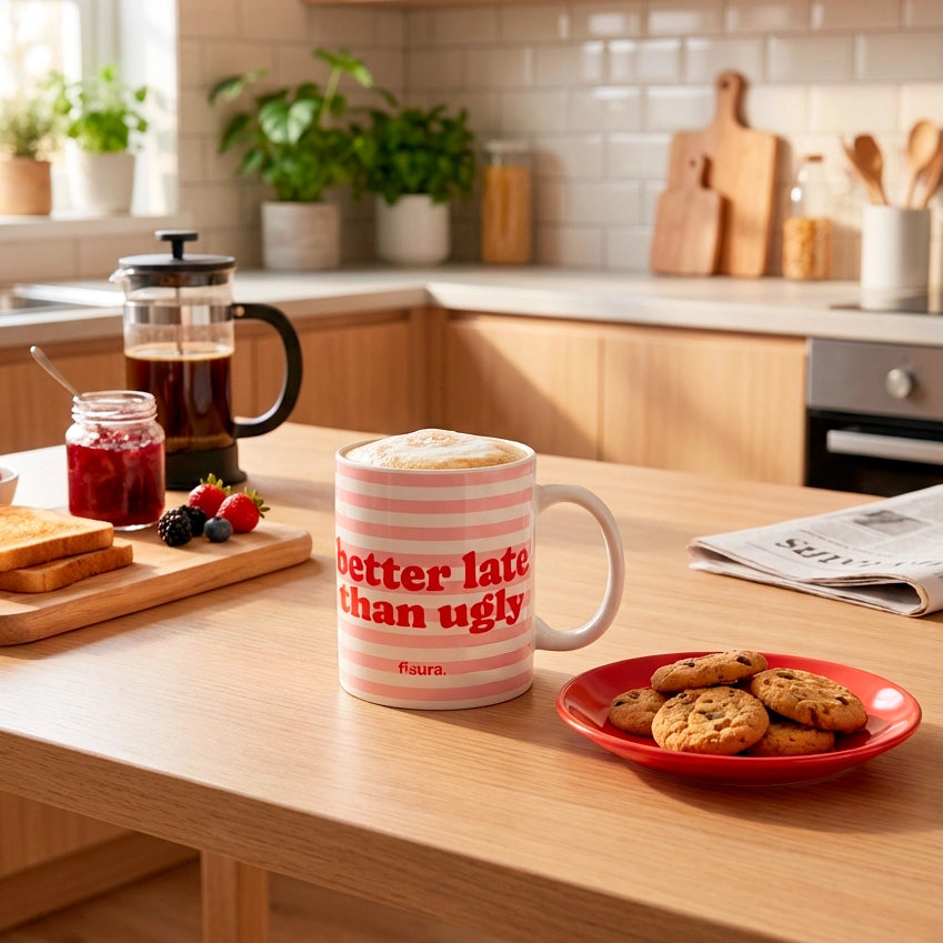 Taza "Better late than ugly" rayas