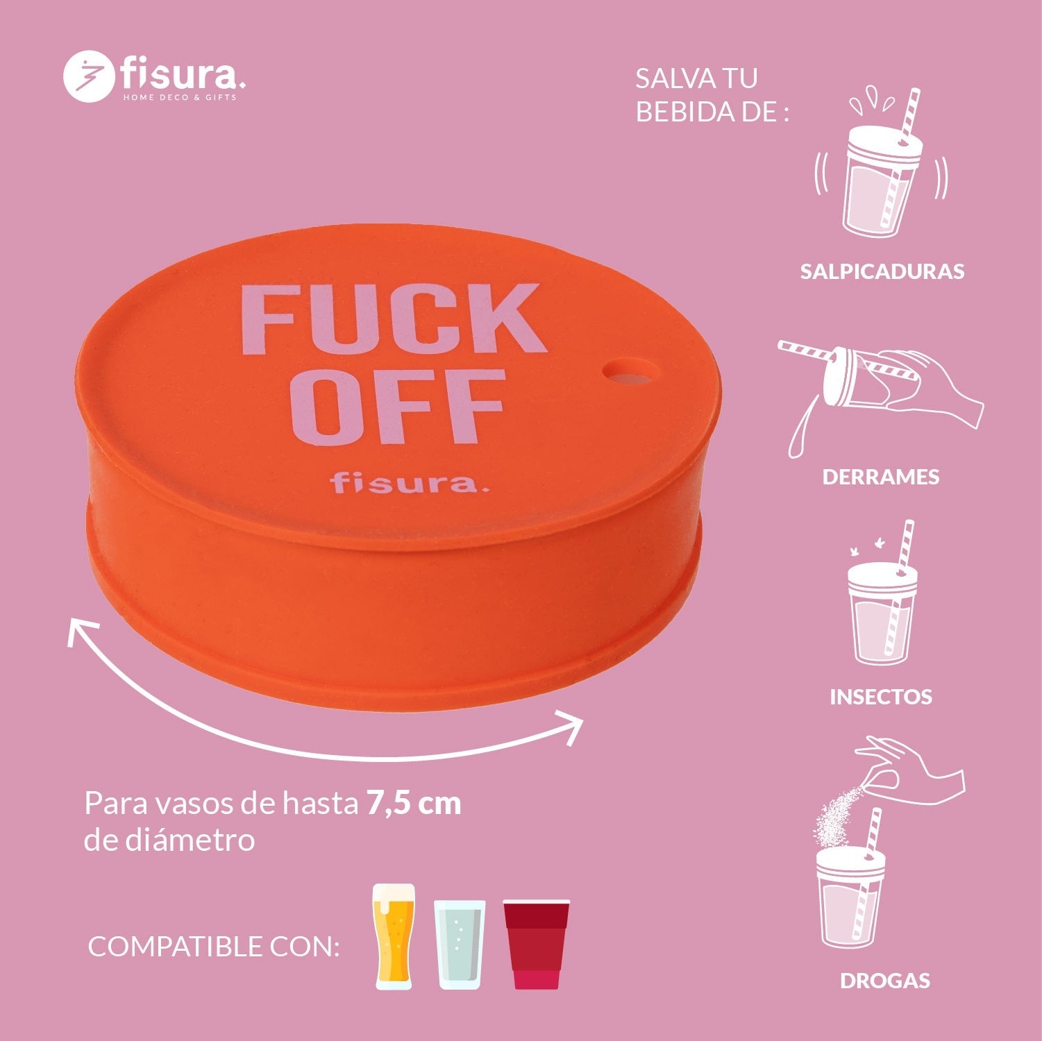 Tapa vasos antidroga “Fuck off” rojo 3 unidades