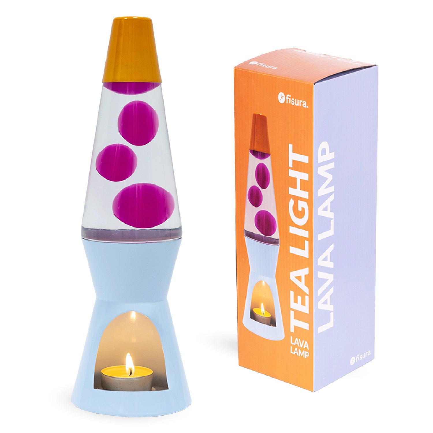 Lámpara de lava vela naranja, rosa y azul