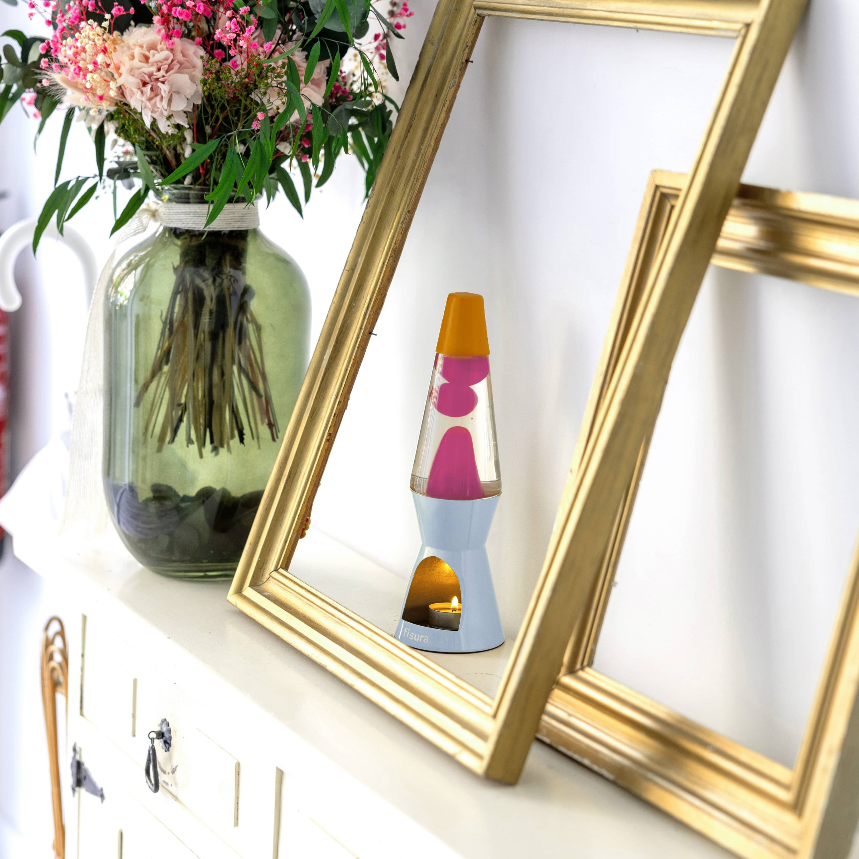 Lámpara de lava vela naranja, rosa y azul