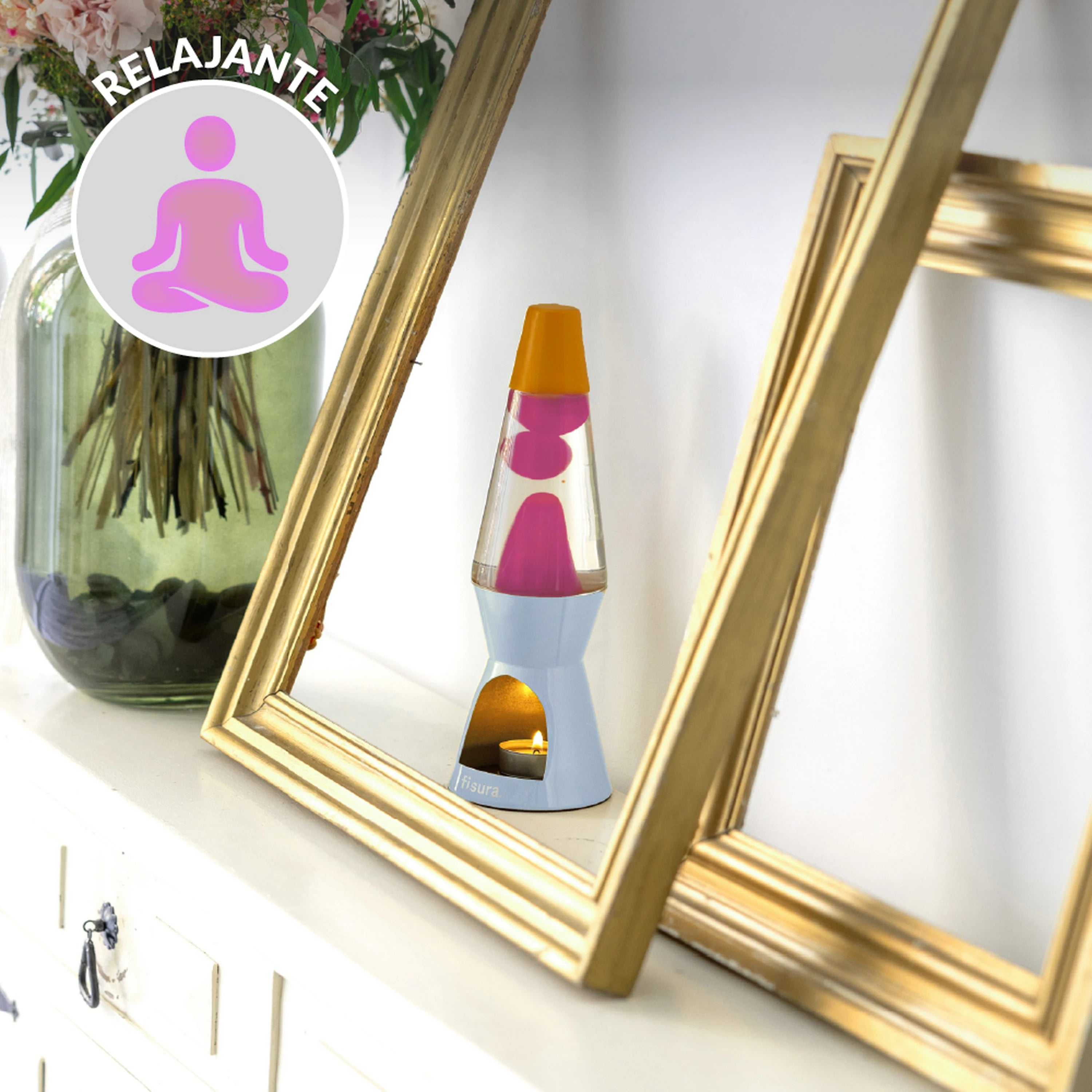 Lámpara de lava vela naranja, rosa y azul