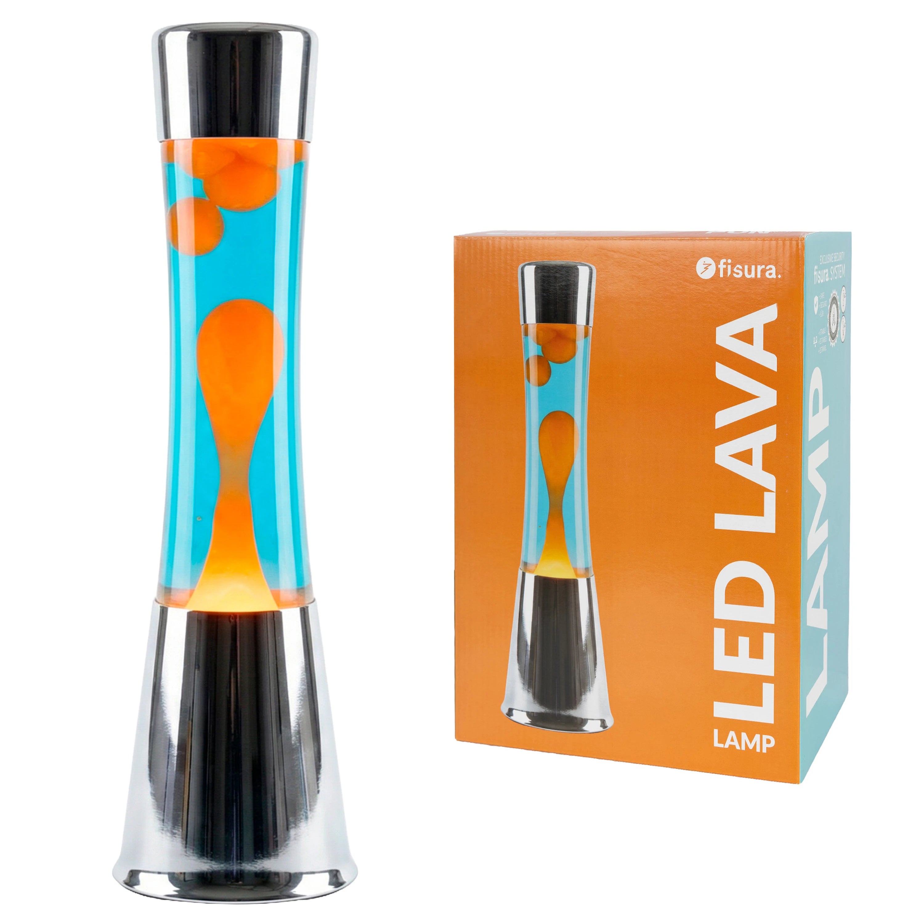 Lámpara de lava LED con base cromo, líquido azul y lava naranja